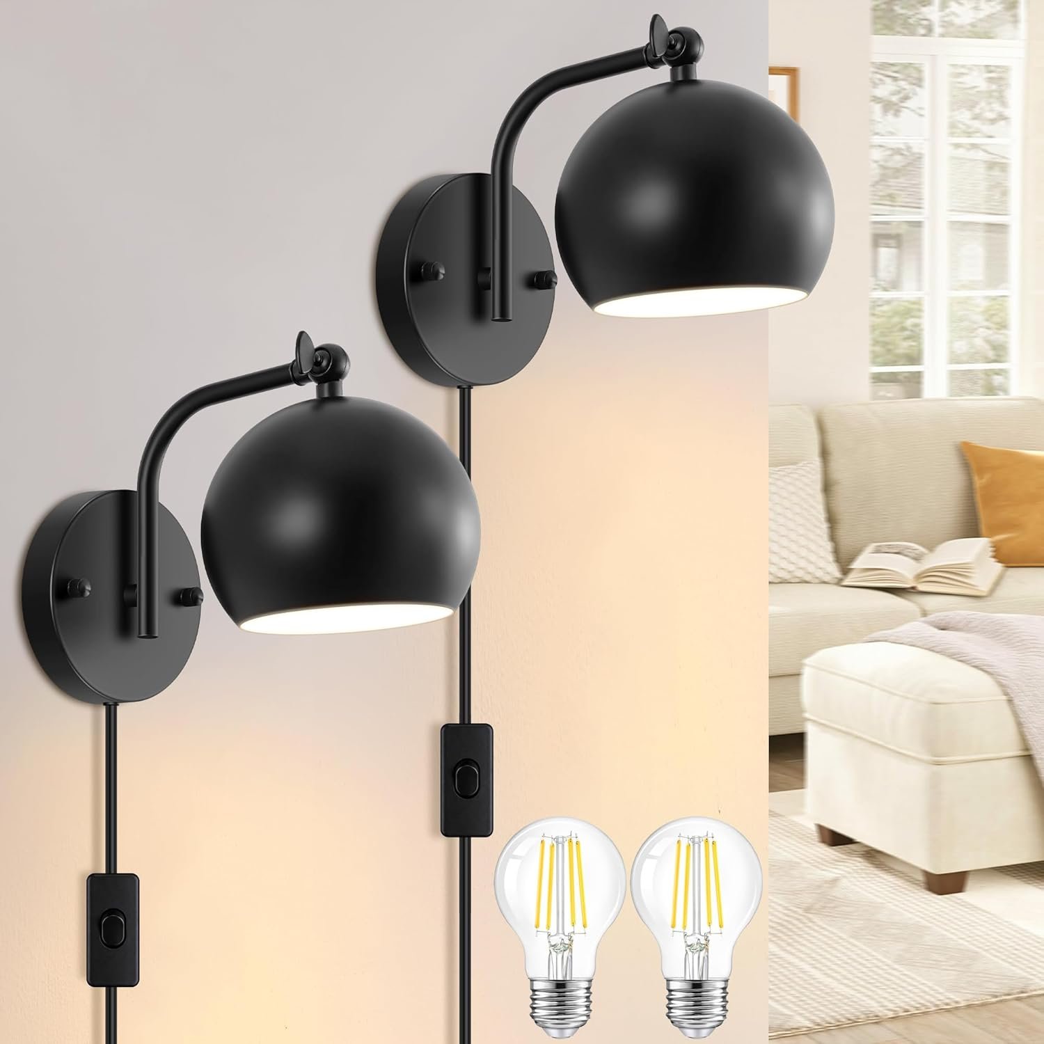 Plug in Wall Sconces, Adjustable Angle Black Wall Lights with Plug in Cord & On/Off Switch, Bedside Wall Mounted Lamp with Globe Shade for Bedroom Living Room Bathroom (2 Pack, 2 Bulbs Included)