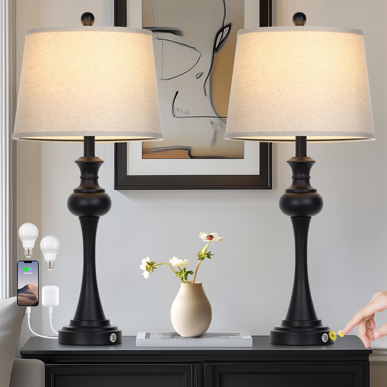 28.75 ” 3-Way Touch Control Modern Table Lamp Set of 2 for Living Room , Bedside Lamp with USB A+C Ports, Mid Century Black Table Lamps, Nightstand Lamps Set ,Beige Fabric Shade Vintage Accent Style