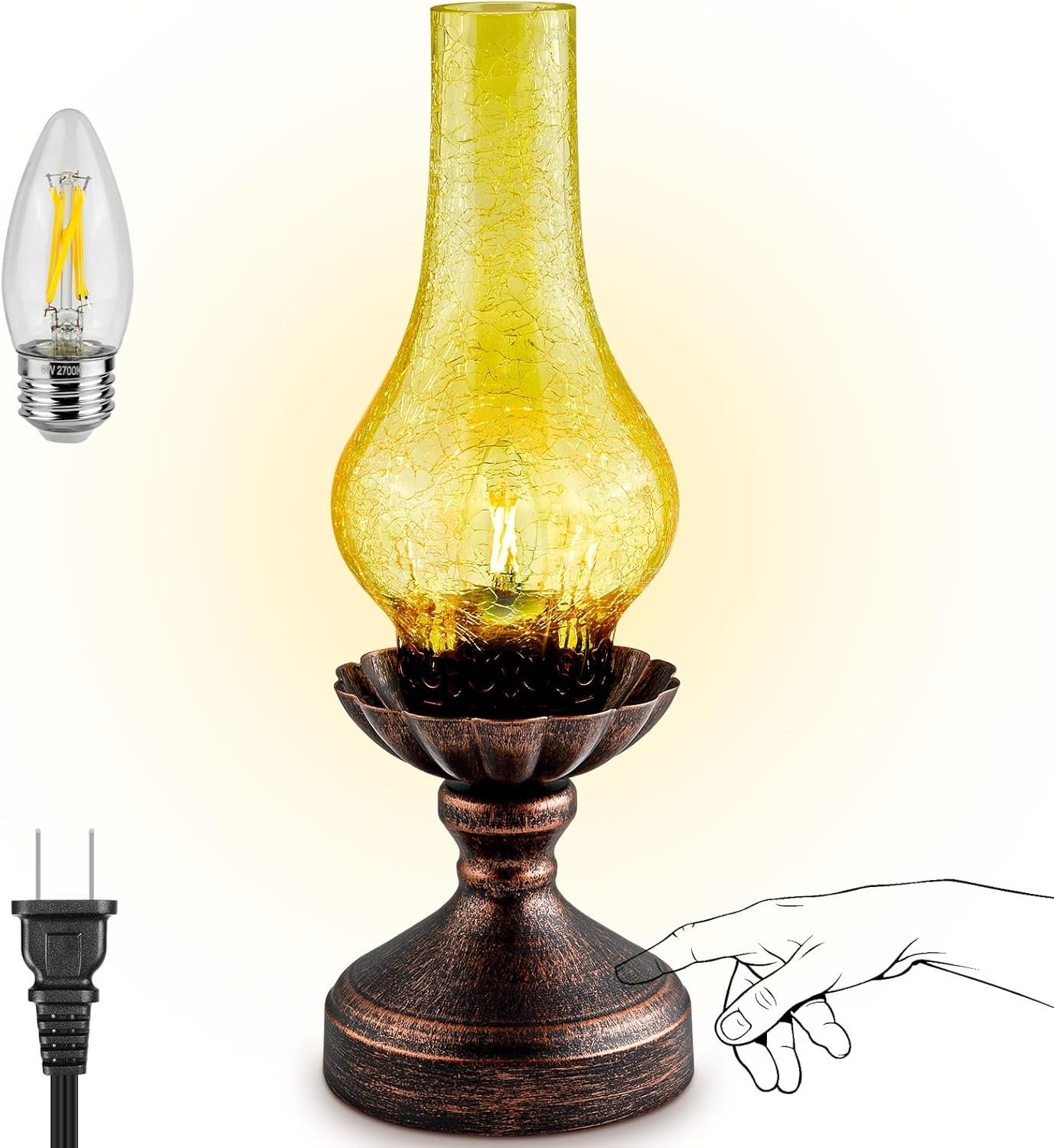 Vintage Table Lamp,Touch Control & 3-Way Dimmable Rustic Retro Farmhouse Bedside Lamp with Amber Glass Shade and LED Bulb for Bedroom, Living Room, Cabin, Office