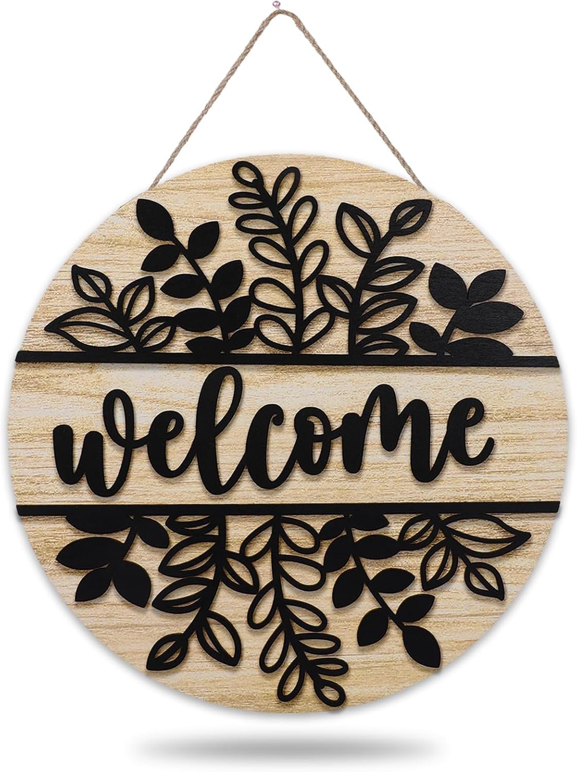 JarThenaAMCS 3D Black Leaves Welcome Door Sign Wooden Hanging Sign Rustic Front Door Hanger for Indoor Outdoor Farmhouse Home Porch Window Decor