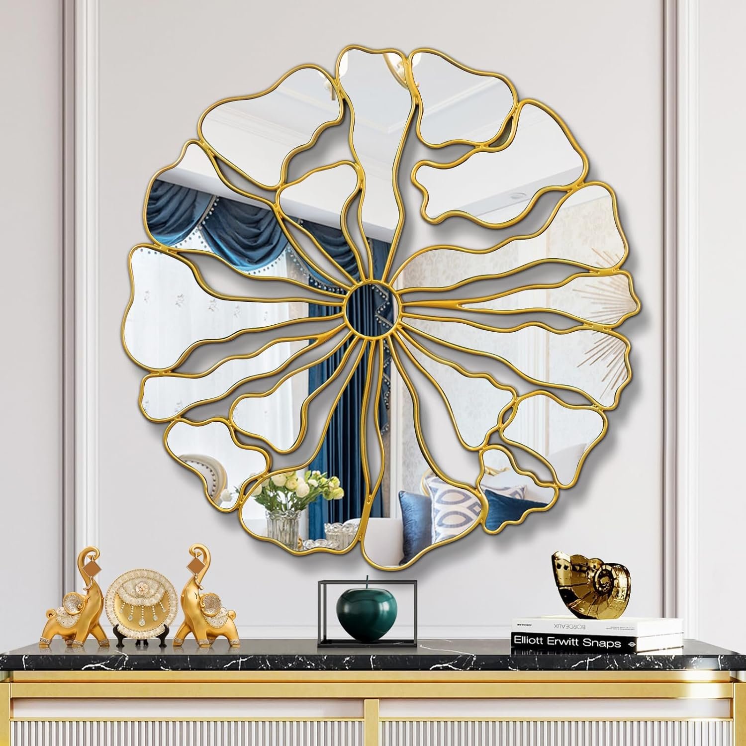 Gold Wall Mirrors Decorative, 32” Large Round Mirrors for Wall Decor, Flower Shaped Decorative Wall Mirror for Living Room, Bedroom, Dining Room