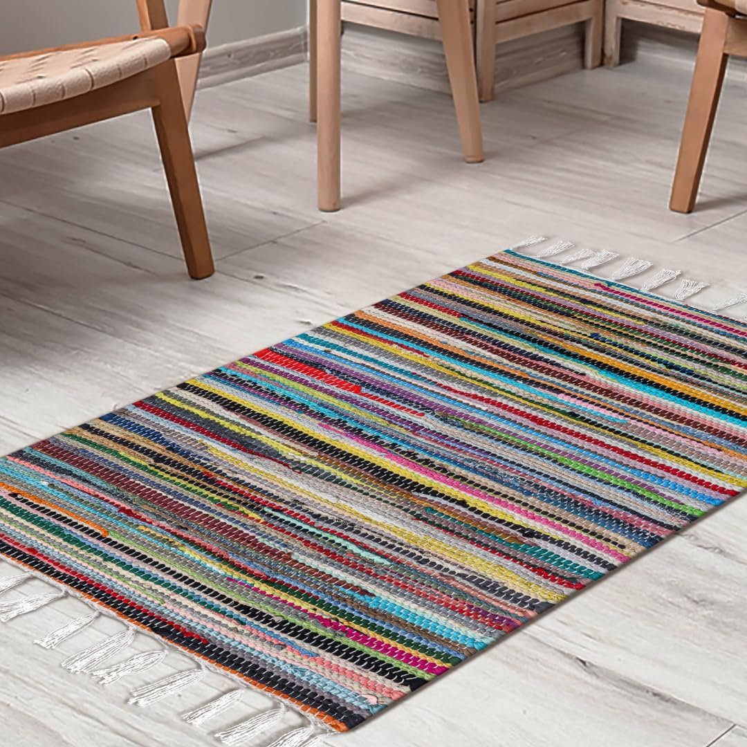 Cotton Chindi Rug – Boho Rustic Area Accent Throw Rug – Area Floor Carpet for Bedroom Living Room Kitchen Dorm Entryway Hallway – 20×32 inch Hand Woven Reversible Area Rug Multi Color