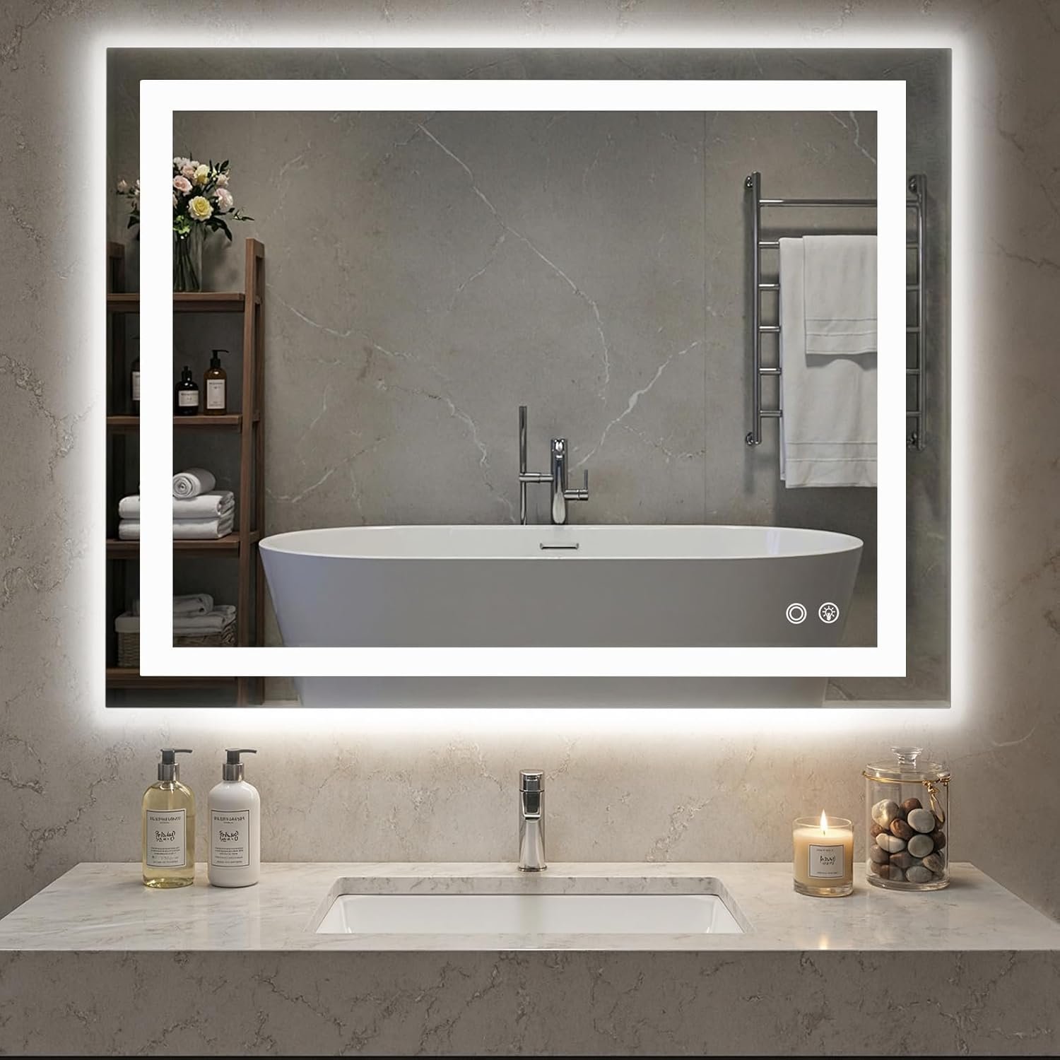 NEWBULIG 36″x48″ Smart Anti-Fog LED Bathroom Mirror with Front Light & Backlit, 3 Color Modes, Dimmable, Memory Function, Wall-Mounted Modern Rectangular Vanity Mirror, White