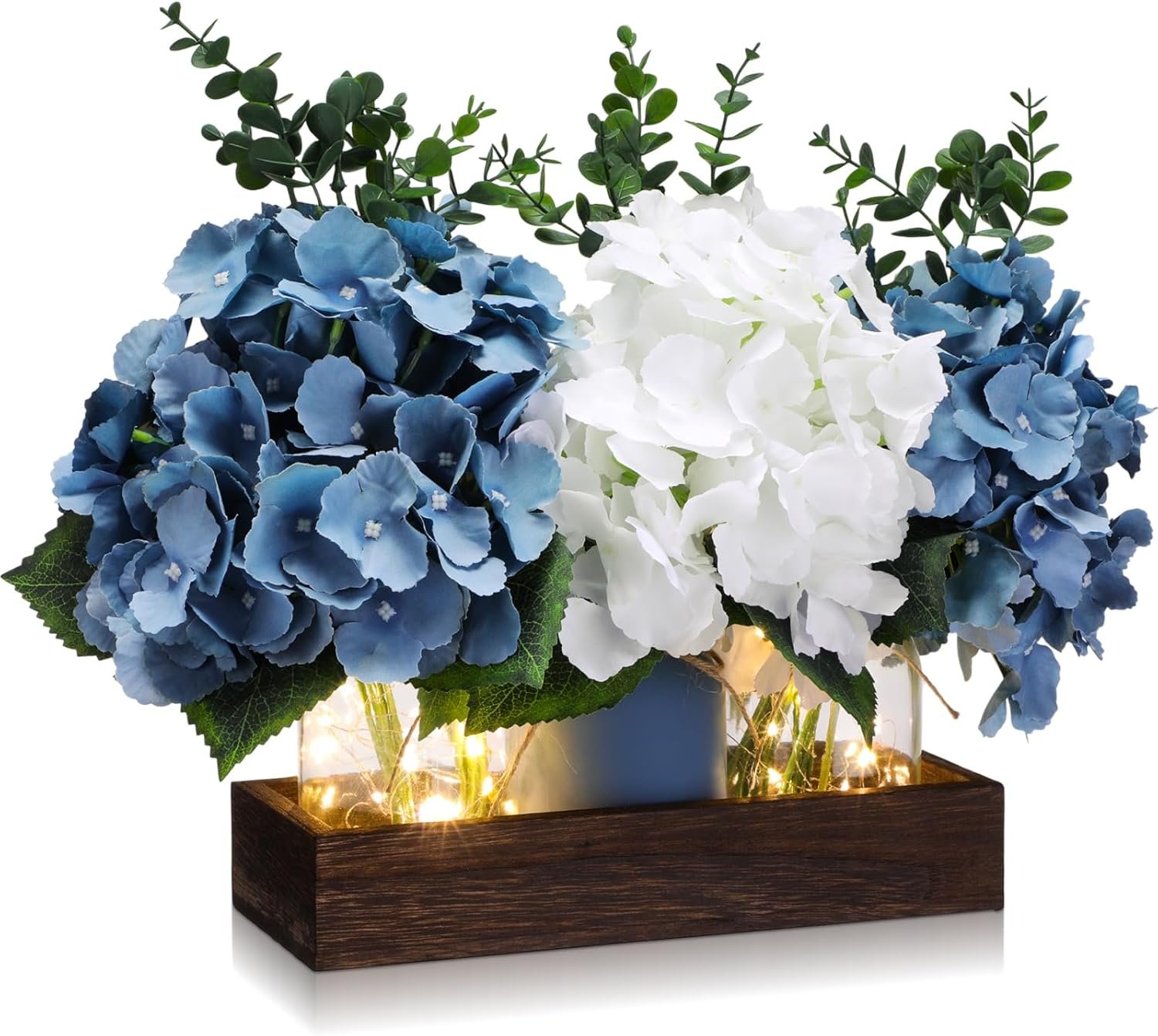 Suncalla 3 Pcs Blue Hydrangea Centerpiece for Table Artificial Hydrangea Flowers with LED Light Mason Jar Wood Tray Eucalyptus Stems Blue Table Decor for Coffee Wedding Kitchen Dining Living Room