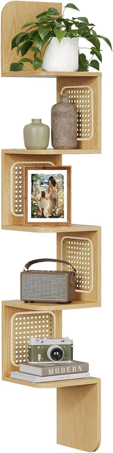 VASAGLE 5-Tier Corner Shelf, Wall Mounted Floating Shelf, Zigzag Corner Shelf Unit, PVC Rattan Sides, Space-Saving, for Kitchen, Living Room, Bedroom, Boho Style, Oak Beige ULLS582YC01S