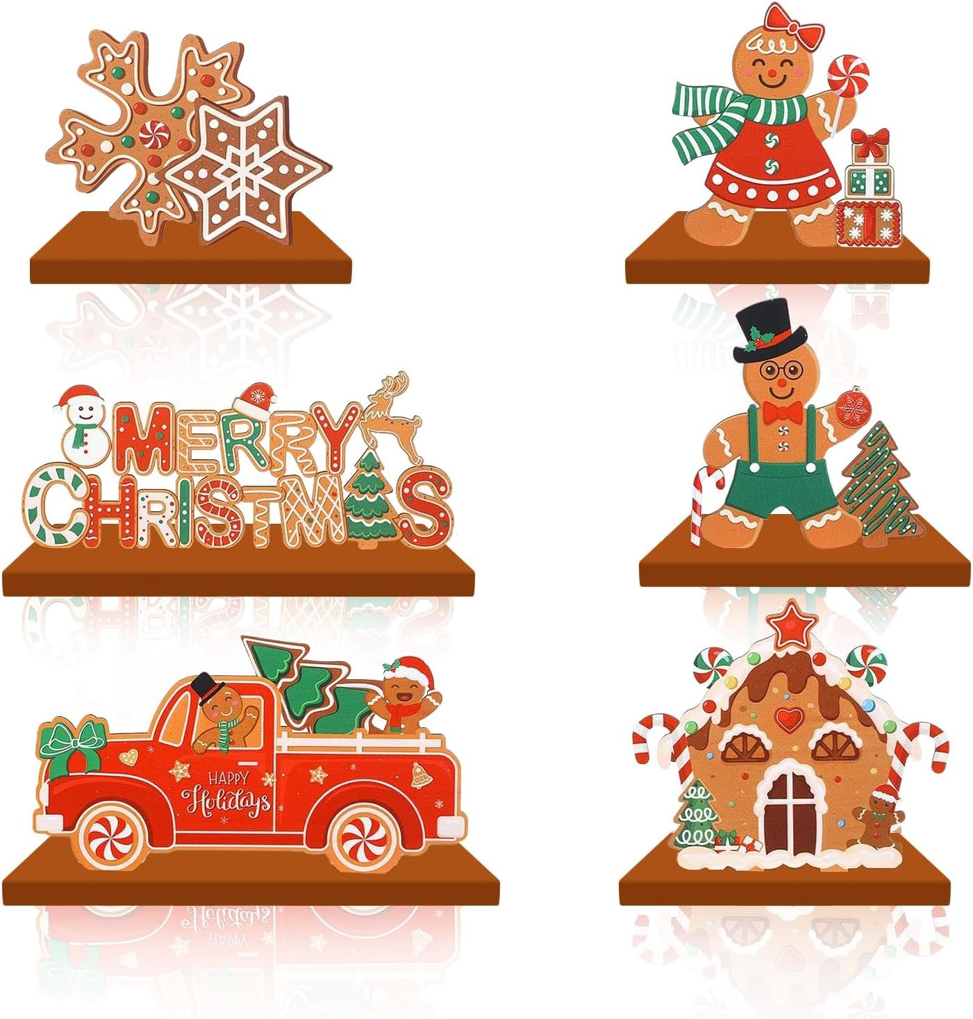 6 Pcs Christmas Wooden Table Decorations – Rustic Holiday Centerpiece Set with Merry Christmas Sign Gingerbread Man Gingerbread House Snowflake and Red Truck – Farmhouse Tiered Tray Decor for Coffee Table Shelf Mantel Xmas Party