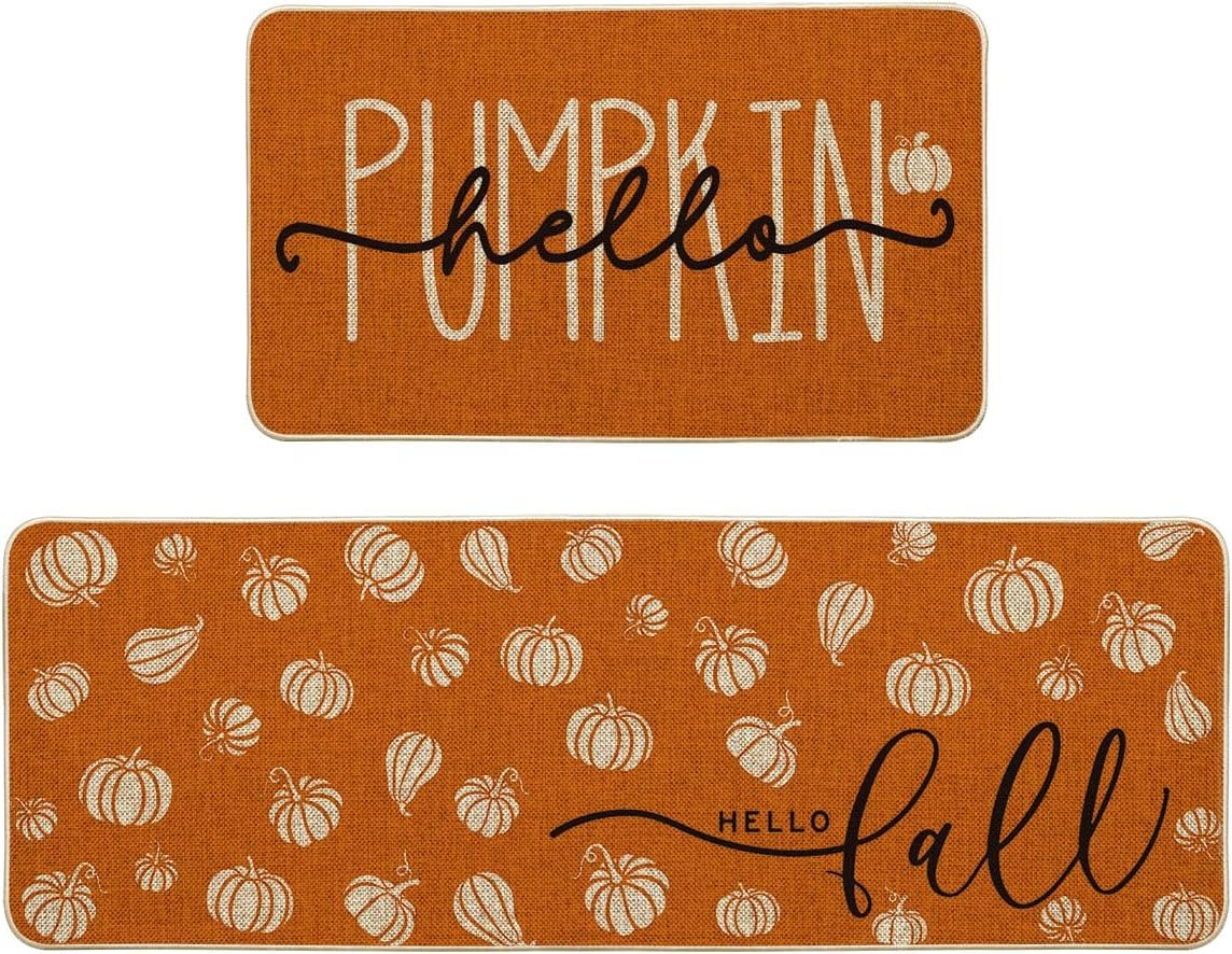 Artoid Mode Orange Hello Pumpkin Fall Kitchen Mats Set of 2, Autumn Home Decor Low-Profile Kitchen Rugs for Floor – 17×29 and 17×47 Inch
