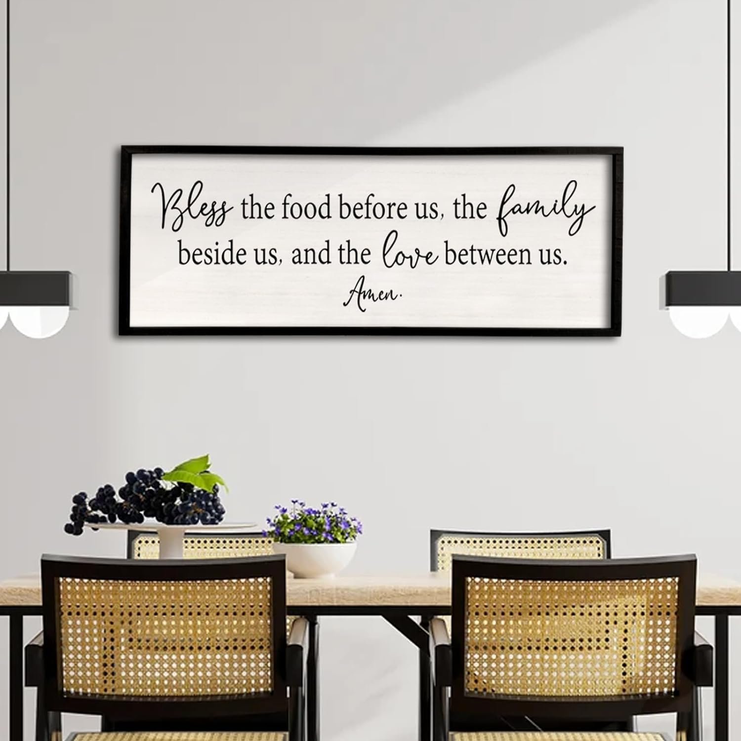 Bless the Food Before Us Sign Wall Decor 40″X15″ Large Farmhouse Dining Room Wall Decor Framed Wood Rustic Home Wall Art Kitchen Decoration (Black)