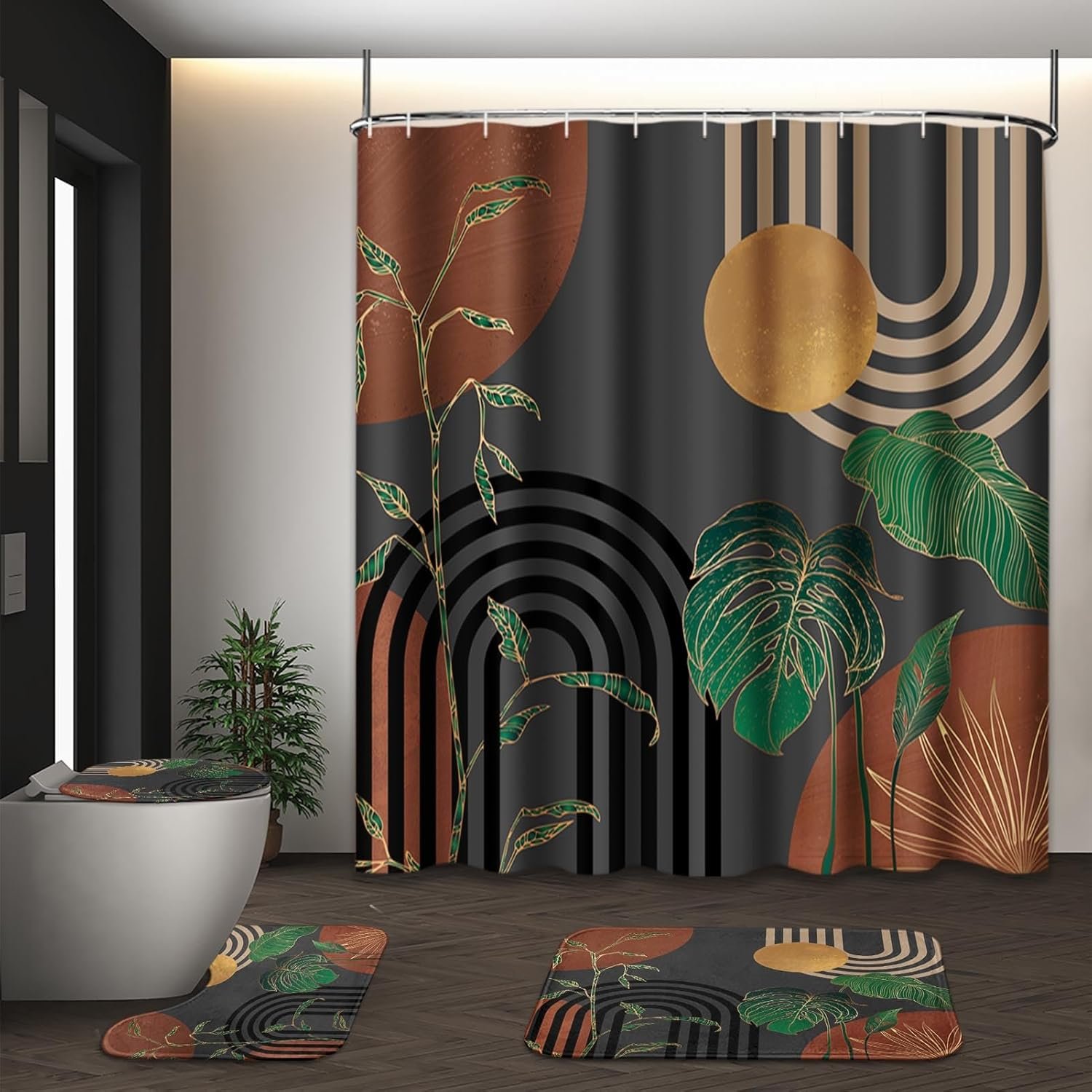 Brown Boho Mid Century Shower Curtain Set with Toilet Lid Cover and Non-Slip Rugs, Abstract Retro Grey Background 4 Pcs Modern Minimalist Aesthetic Shower Curtain for Bathroom Set with 12 Hooks
