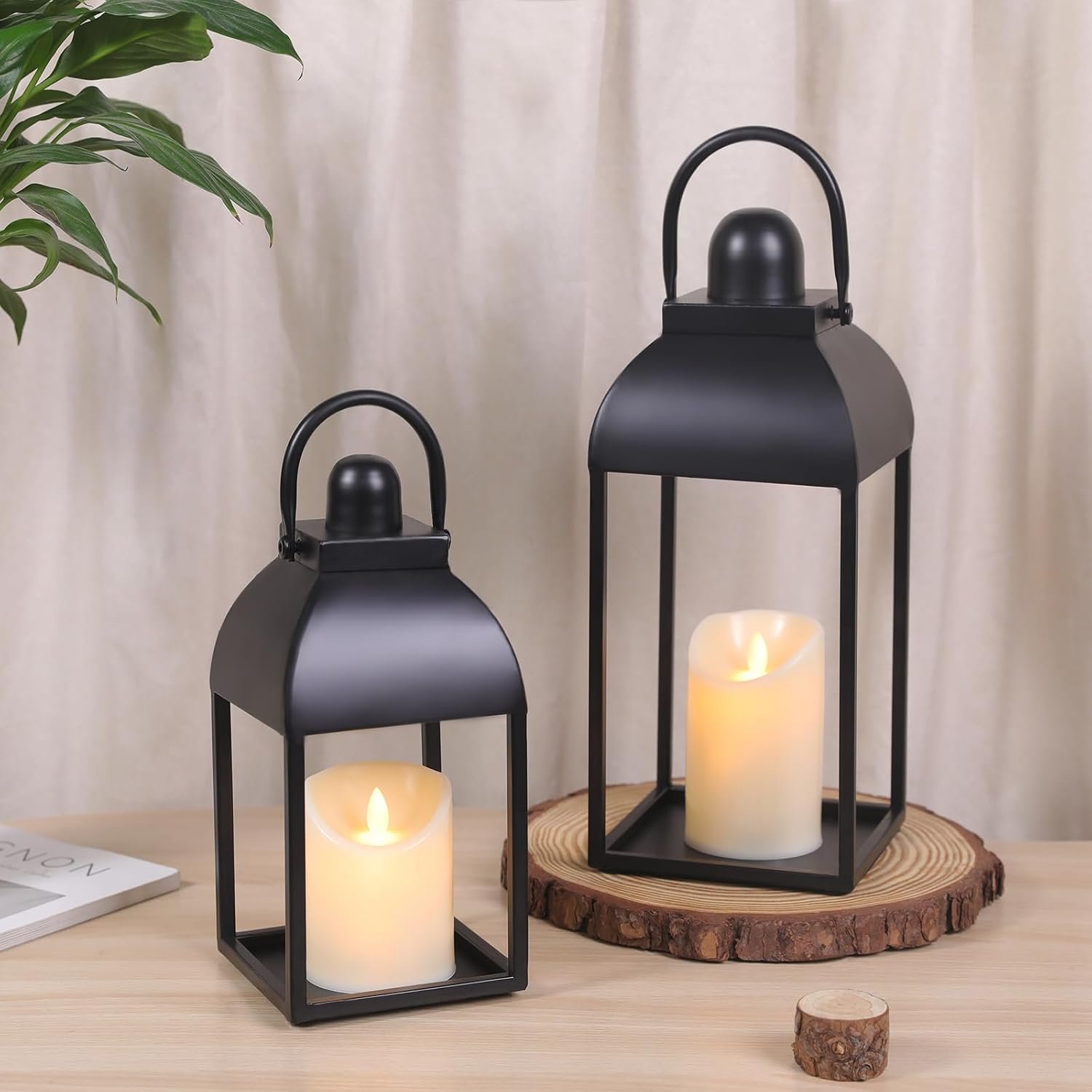 MATAHUM Lanterns Decorative Indoor Outdoor 15″ 11″ Set of 2 Lantern Decor Black Metal Candle Lanterns with Flameless Candles, Outdoor Lanterns for Porch Patio Wedding Mantle Home Decor