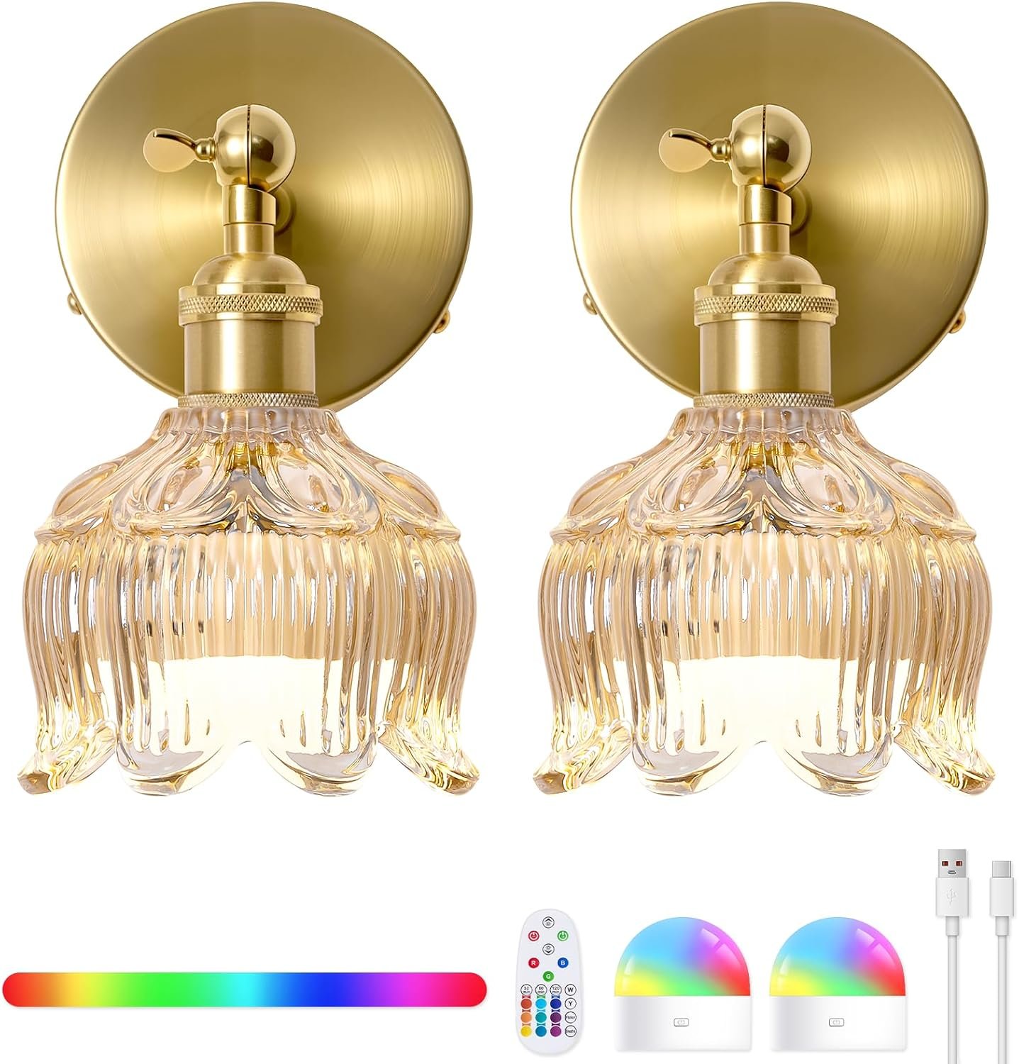 Vintage Battery Operated Wall Sconces – 5000mAh Rechargeable Dimmable Lights with Remote Control – Set of 2 Cognac Flower Glass Cordless Mounted Lighting – Wireless Powered Light Sconce for Bedroom