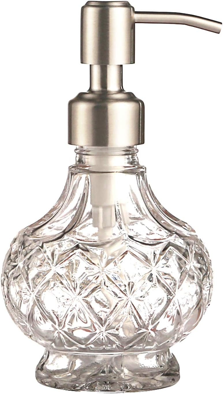 YunNasi Soap Dispenser with Stainless Steel Pump, Clear Crystal Design, Vintage and Elegant, Refillable Liquid Hand Soap Dish Soap Dispensers for Bathroom Counter, Kitchen Sink (Style 1)