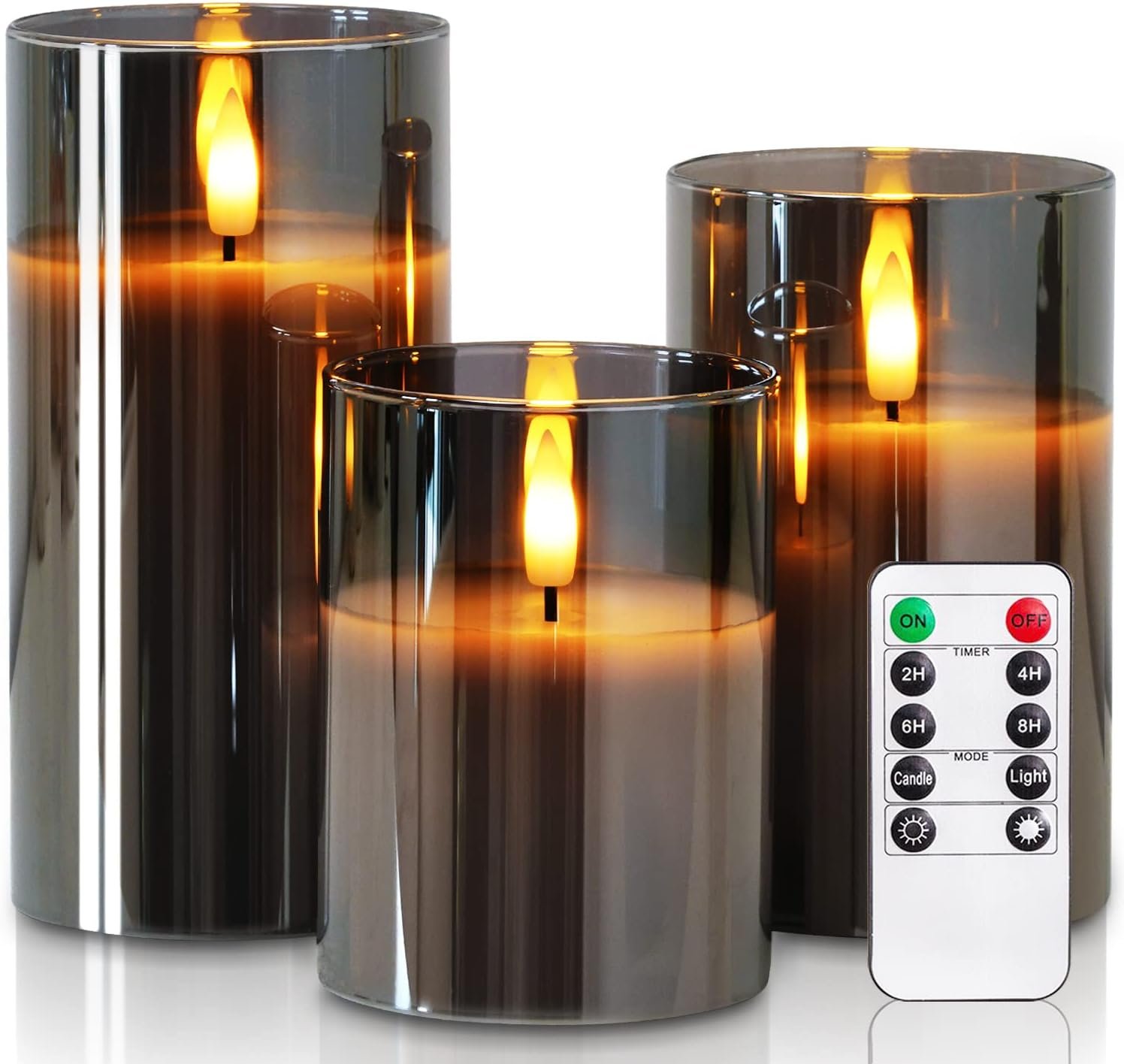 Homemory Grey Glass Flameless Candles, Battery Operated LED Pillar Candles with Remote Control and Timer, Radiance Candles, Real Wax, Set of 3,D3 xH4 5″ 6″