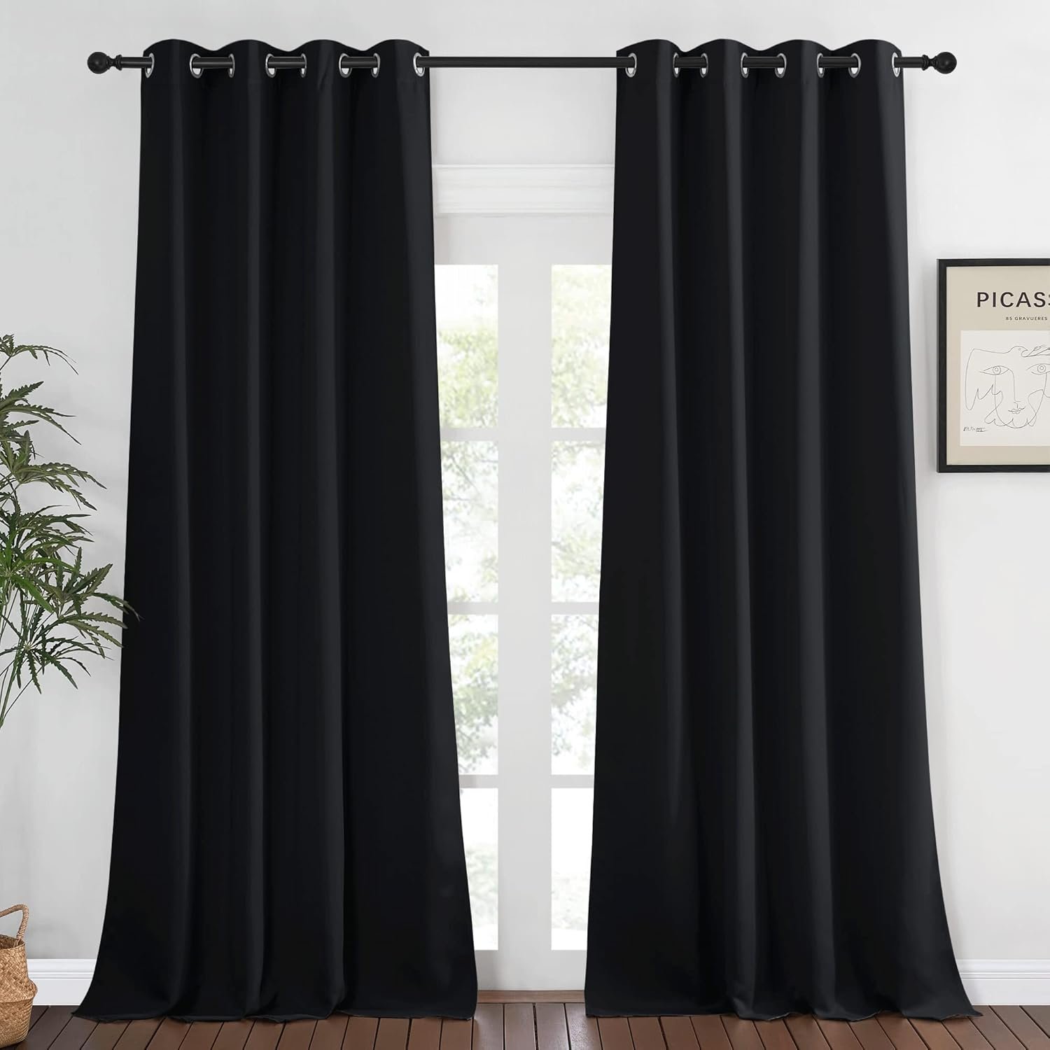 NICETOWN Blackout Black Curtain & Drape 90 inches Long – Grommet Thermal Insulated Blackout Drape Light Blinds Room Darkening Window Treatment for Bedroom (1 Panel, W52 x L90, Black)