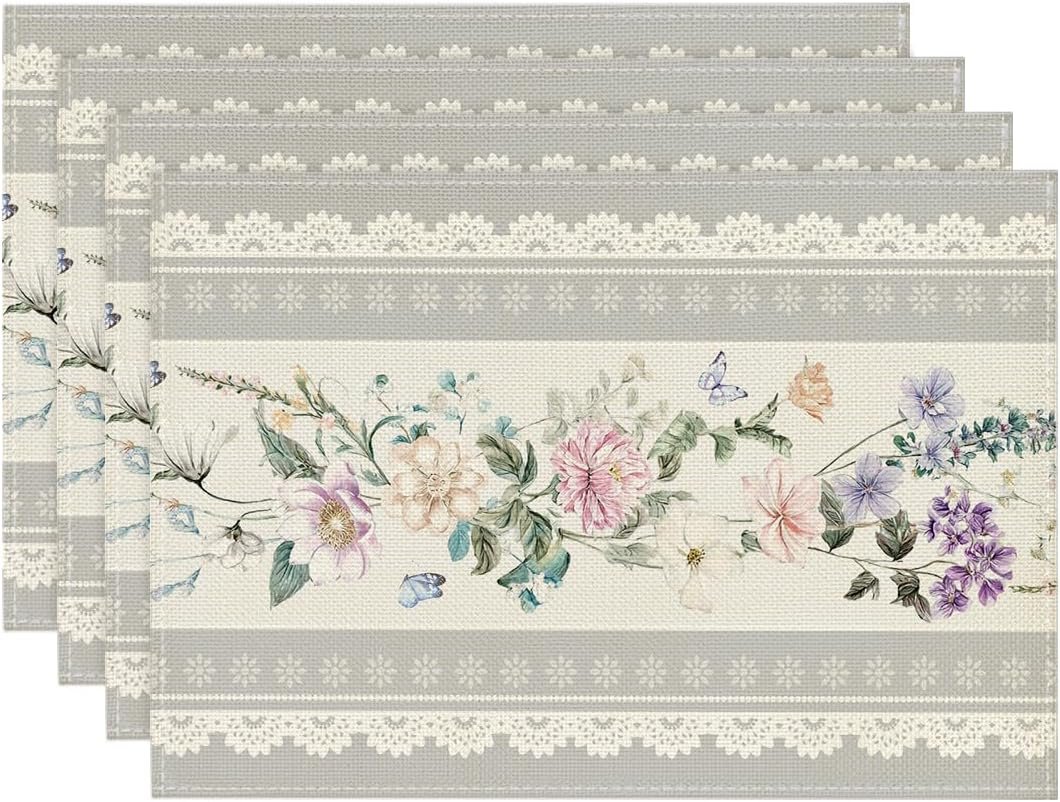 Artoid Mode Grey Printed Lace Floral Spring Placemats Set of 4, 12×18 Inch Seasonal Summer Holiday Table Mats for Party Kitchen Dining Decoration