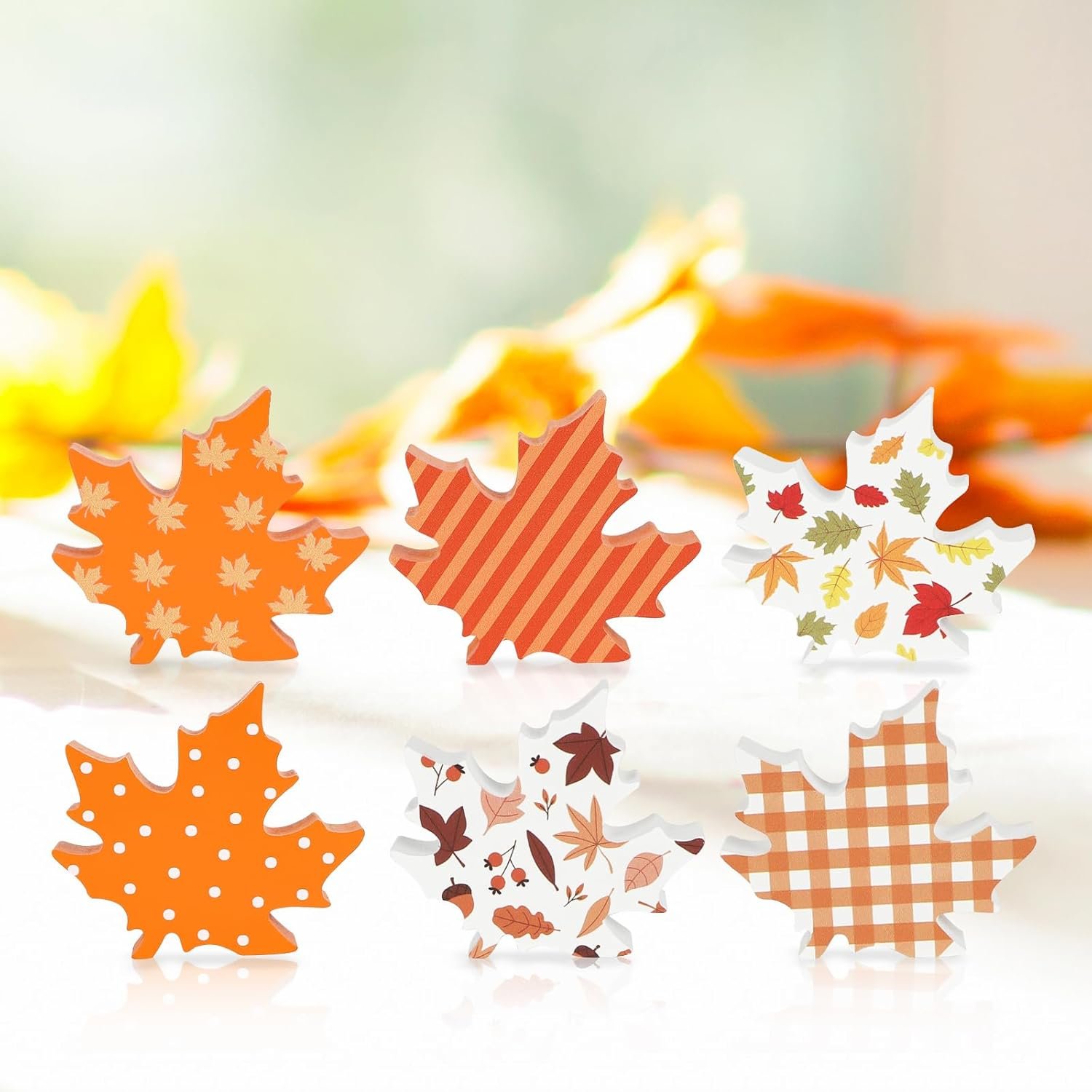 COCHIE Wooden Fall Leaves Decorations for Home Office Indoor, Farmhouse Thanksgiving Table Tiered Tray Decor Set of 6, Vintage Fall Harvest Maple Leaf Block Signs Tabletop Shelf Decoration (Pattern)