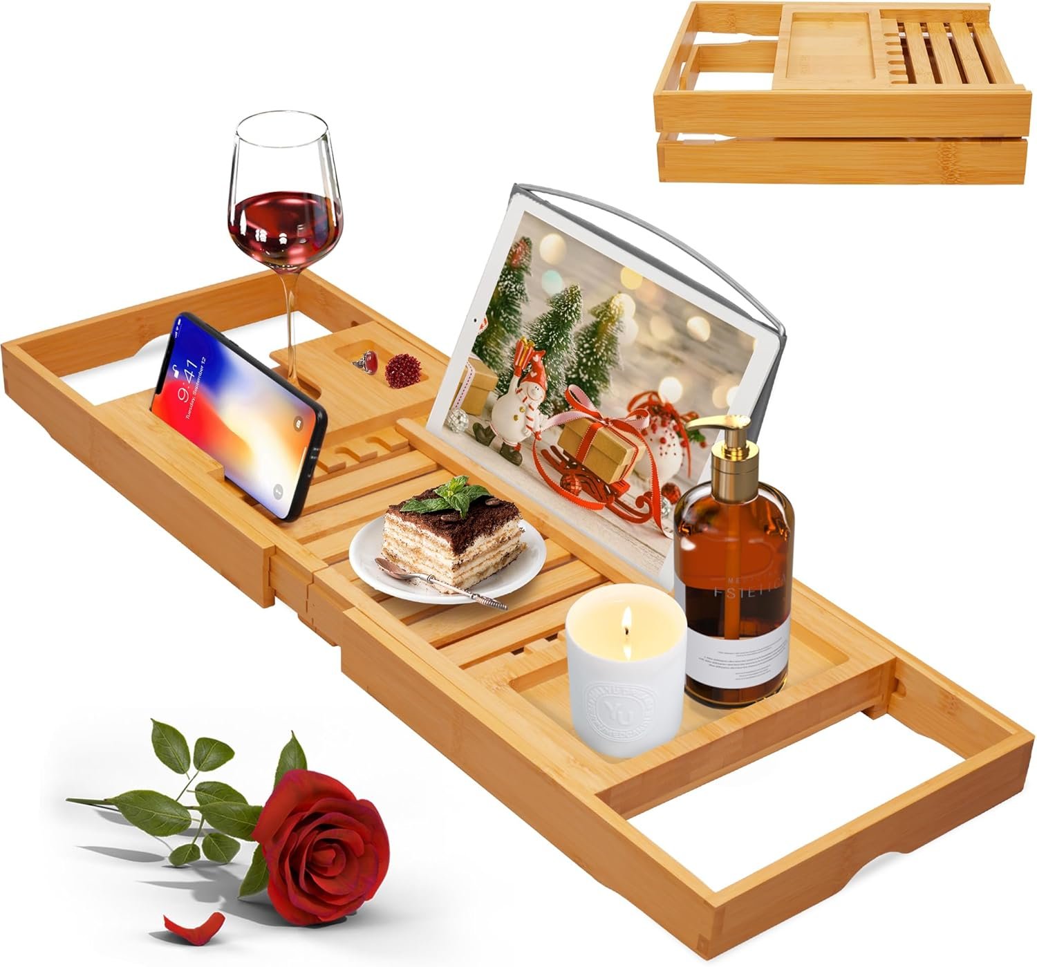 Artmalle Luxury Bathtub Caddy Tray for Tub – Foldable Bamboo Bath Table Tray with Book and Wine Glass Holder, Expandable Bathroom Accessories for Spa or Reading Lite Style