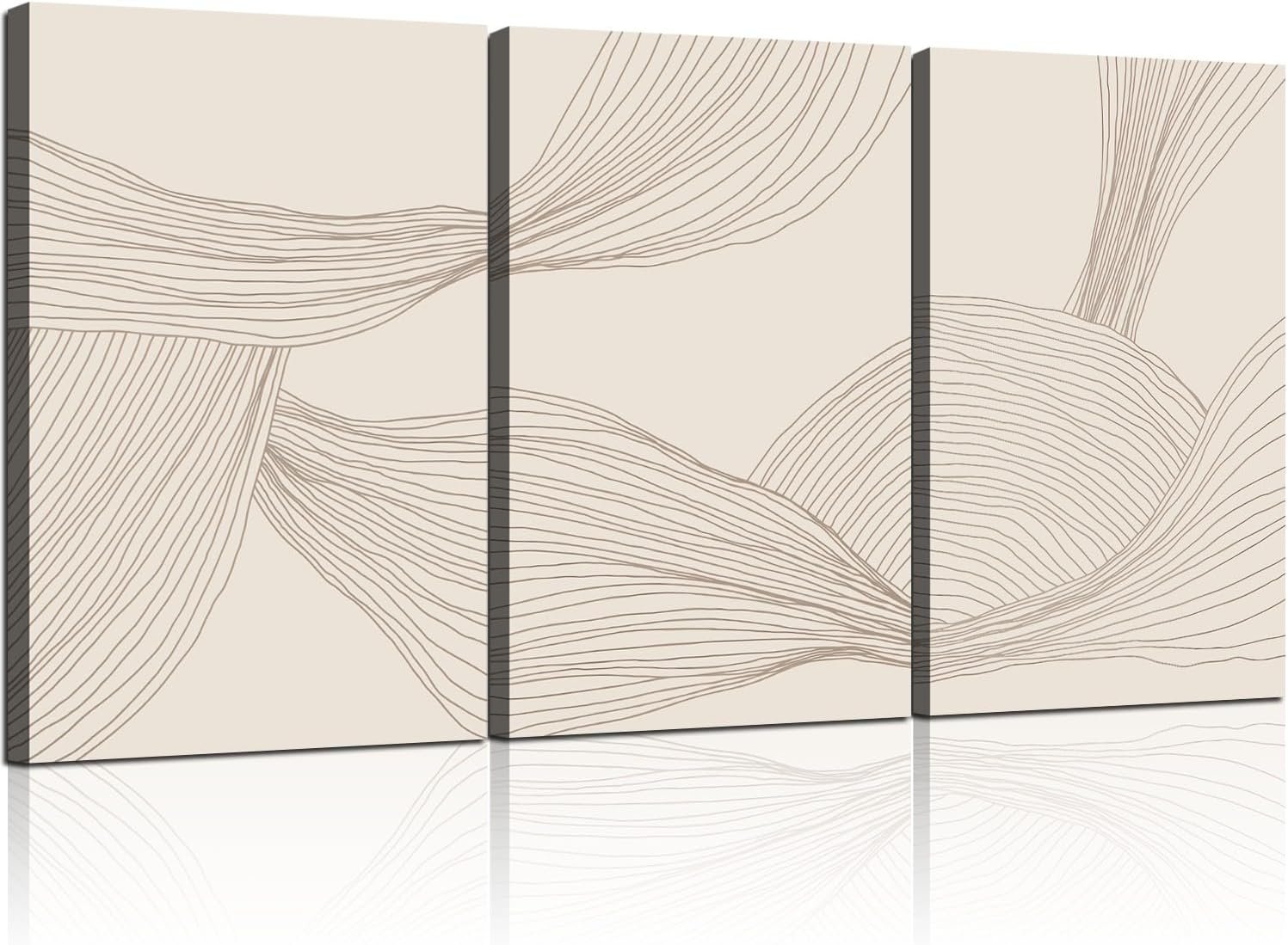 RJETZMU 3 Pcs Minimalist Abstract Line Canvas Wall Art Modern Neutral Beige Wall Decor for Bedroom Living Room Studio 12×16 Inch Ready to Hang