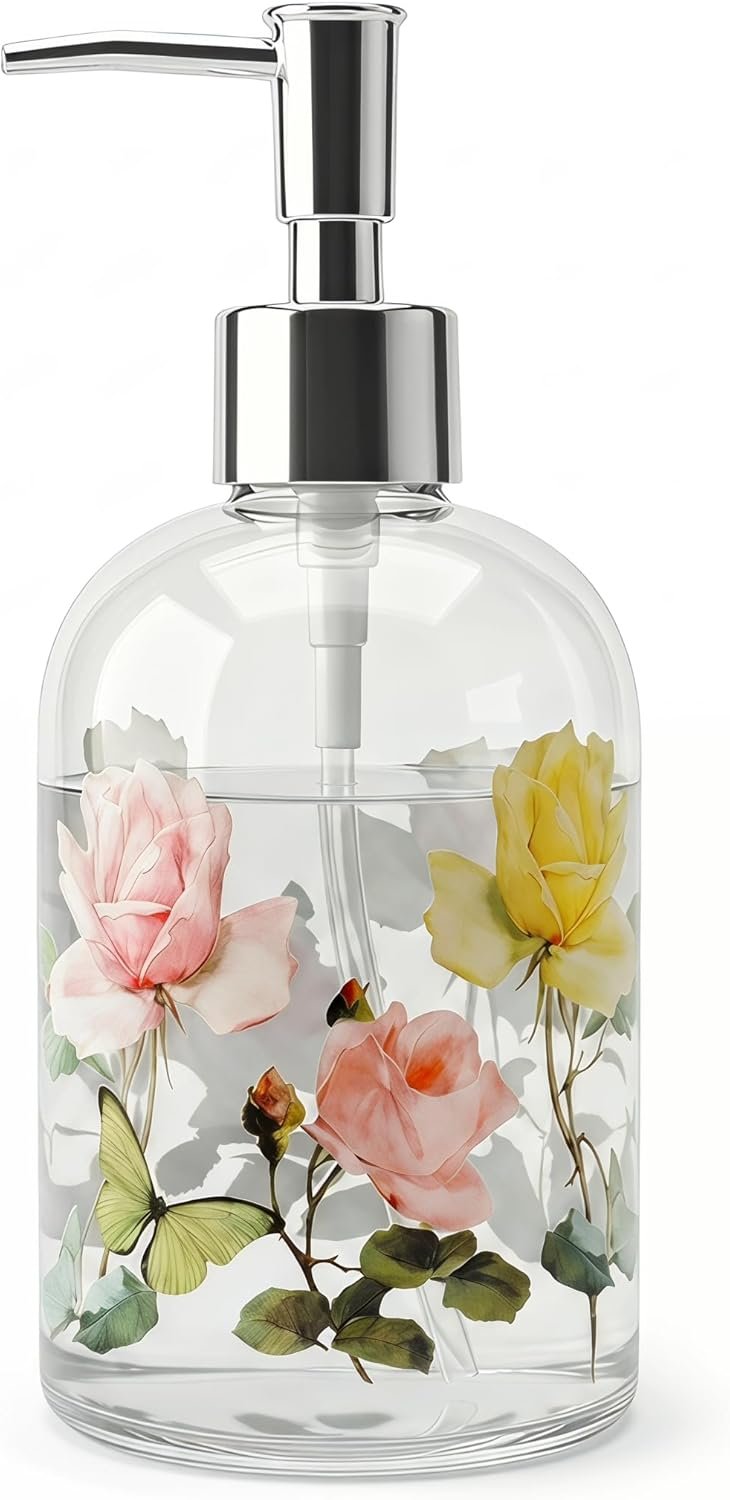 Topadorn Floral Glass Soap Dispenser 17oz, Vintage Rose & Butterfly Hand Soap Pump Bottle, Refillable Bathroom & Kitchen Soap Dispenser, Decorative Farmhouse Cottage Countertop Decor