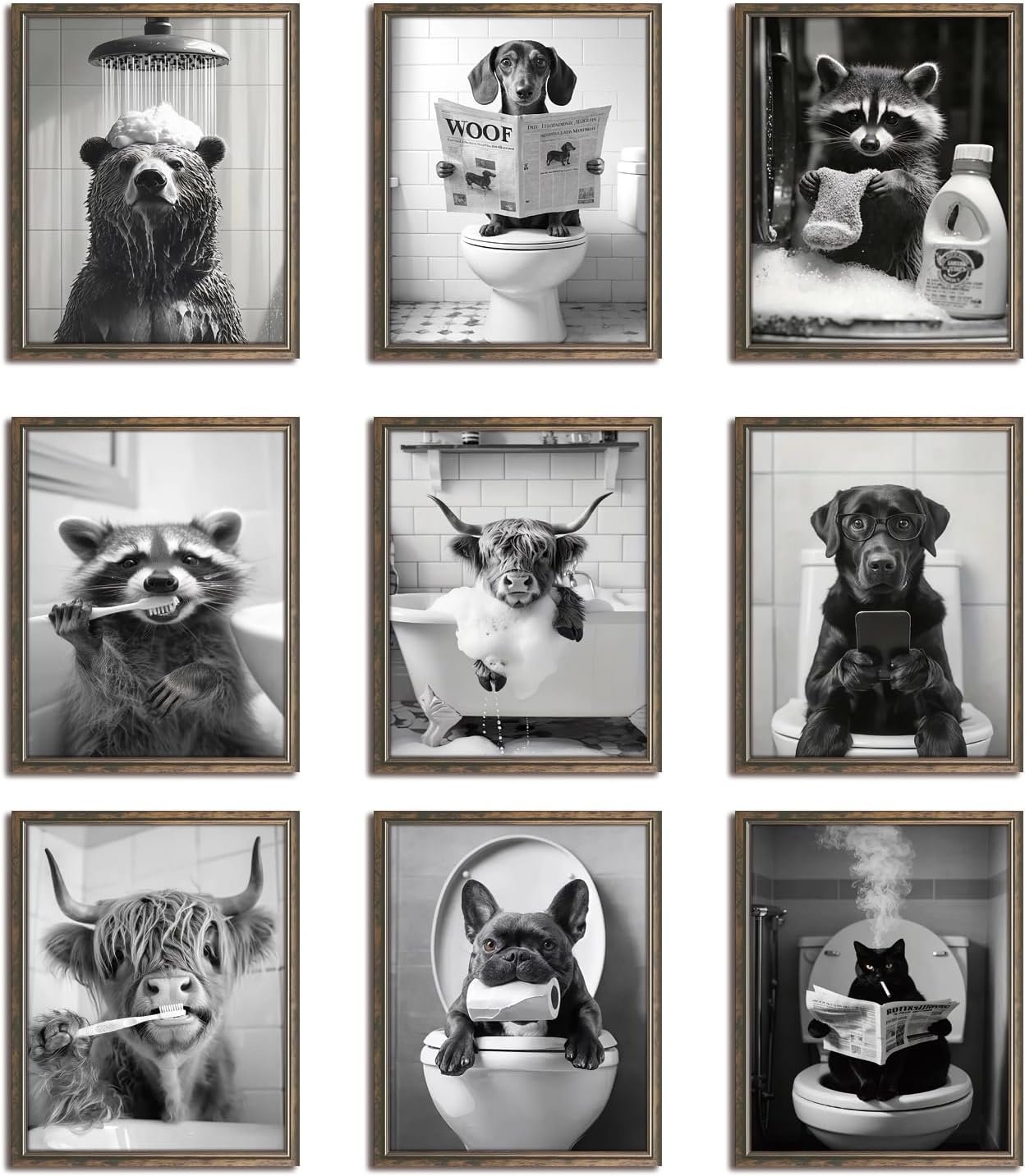 Funny Bathroom Wall Art Set of 9 – Black and White Humorous Animal Wall Decor Pictures, Vintage Bathroom Canvas Poster Prints for Washroom Restroom Decoration 8×10 Inch Unframed