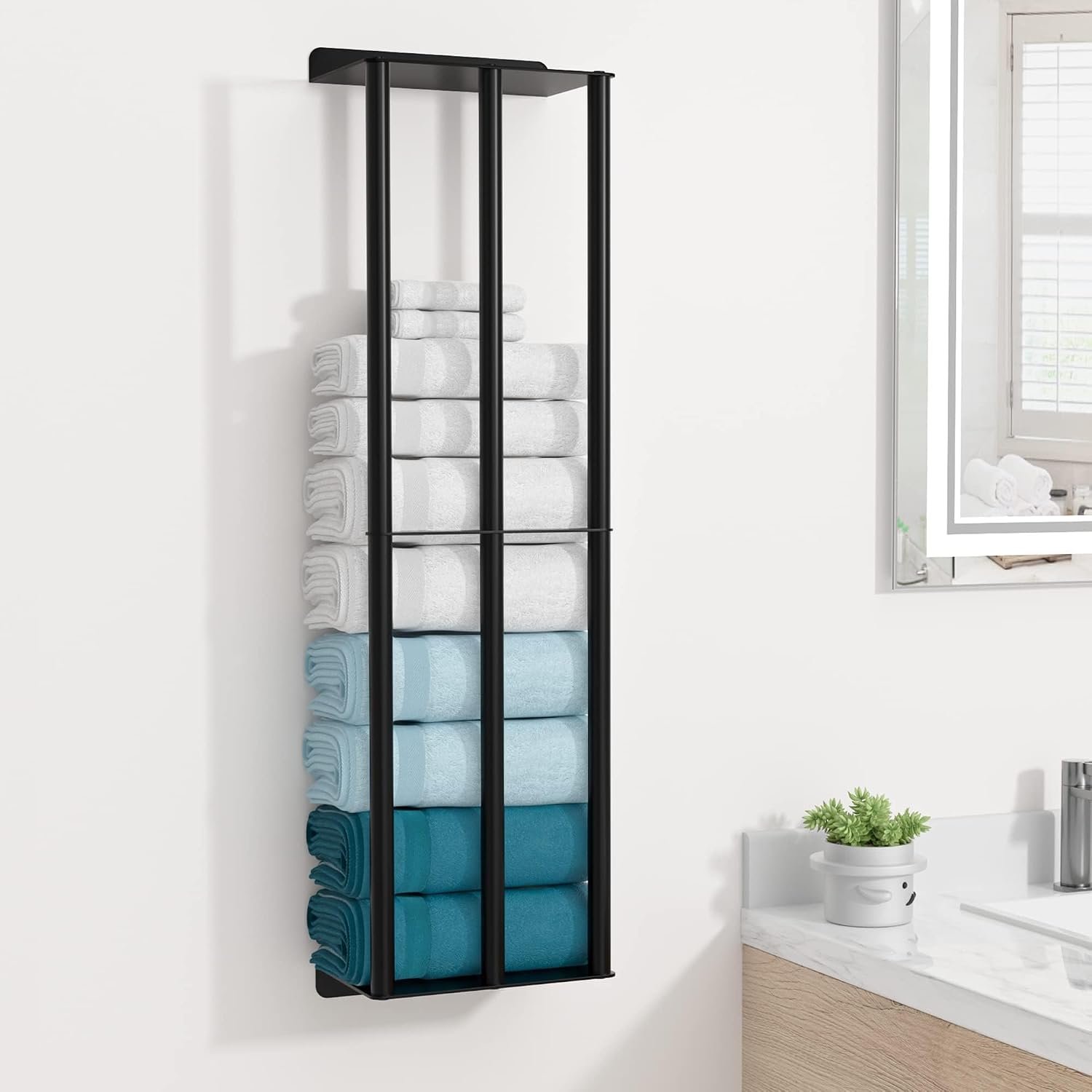 Susswiff Towel Racks for Bathroom 31 Inch – Wall Mounted, Solid 2 Metal Shelves and 3 Vertical Bars, Can Holds 6 Large Rolled Bath Towels – for Modern Decor Bathroom Towel Storage (Matte Black)