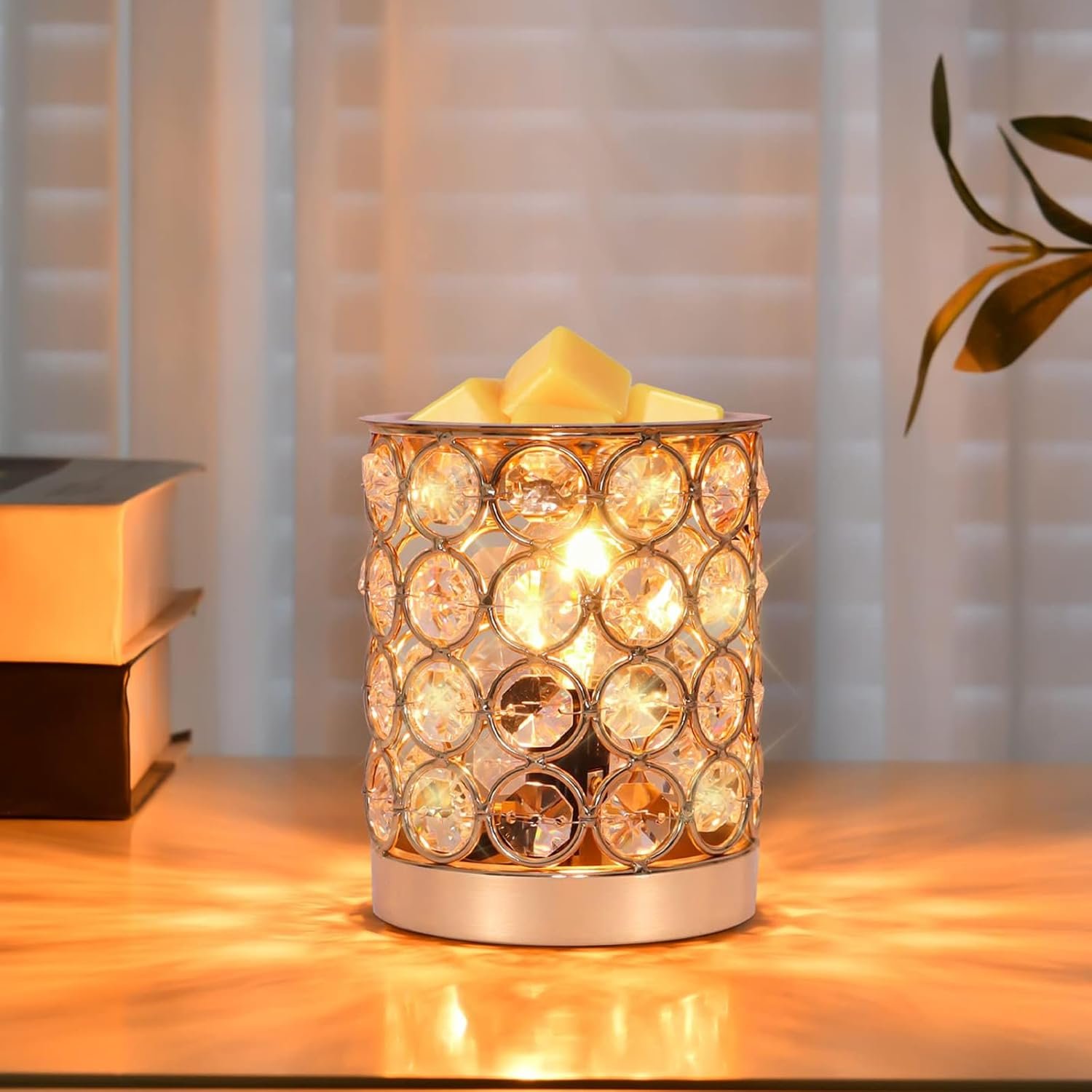 Crystal Wax Melt Warmer Candle Wax Warmer for Scented Wax 2 in 1 Wax Melts Fragrance Warmer Wax Cubes Melter Home Office Deco Night Light Valentines Day Birthday Gifts for Women Mom Girl(01-Gold)