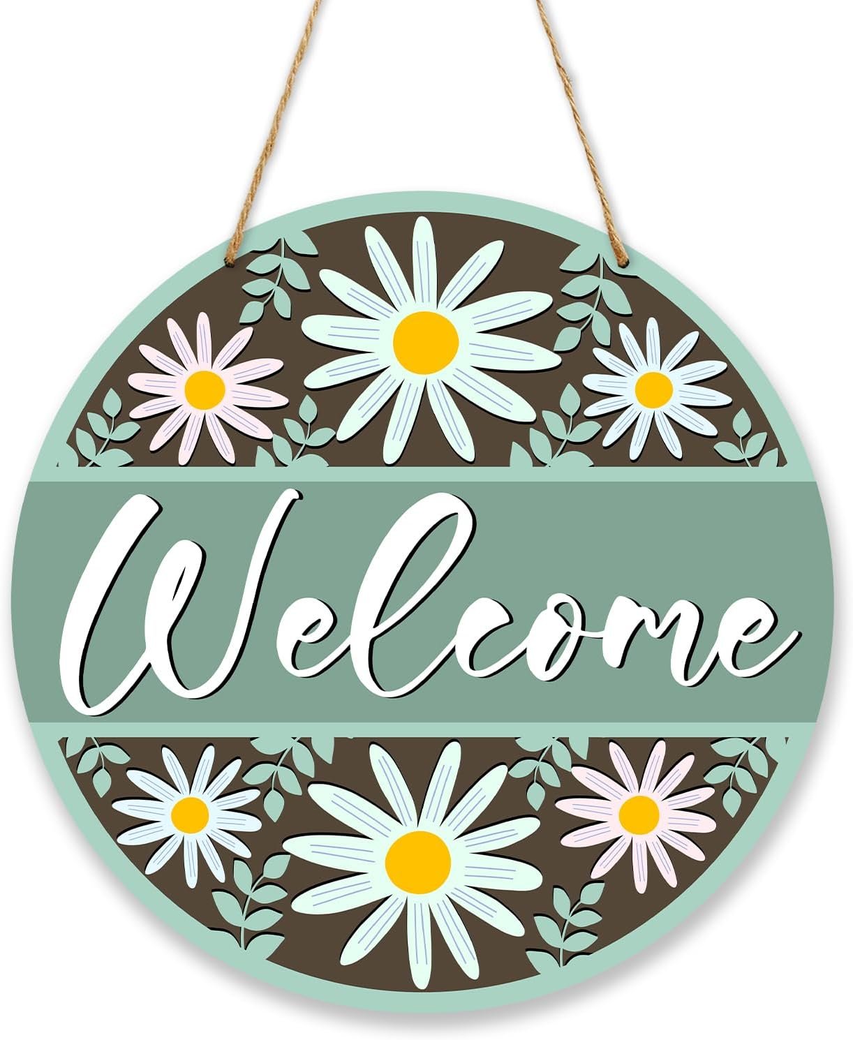 Welcome Door Signs, Spring Summer Daisy Flower Wood Hanging Decor, Floral Farmhouse Porch Front Door Outside Decorations -007