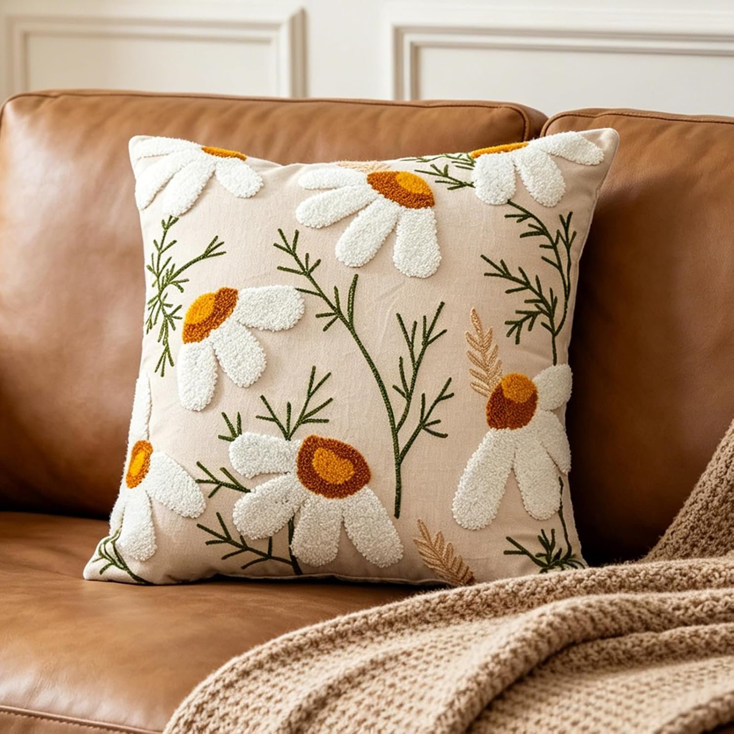 Embroidered Throw Pillow Cover 18×18 Inch,Cotton Canvas Floral Pillow Case, Daisy Wildflower Leaf Boho Farmhouse Decorative Cushion Square for Sofa Bedroom Living Room Outdoor Couch (A006)