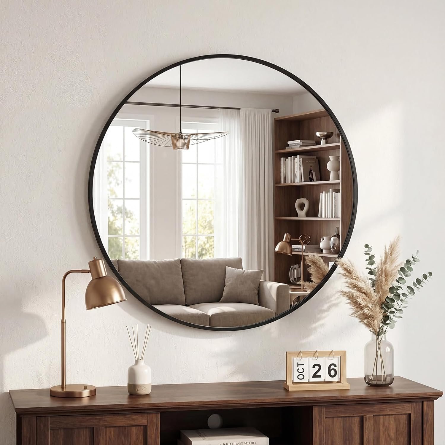 DUMOS 28 Inch Round Wall Mirror, Bathroom Mirrors for Over Sink, Matte Metal Framed Circle Vanity Mirror, Wall Decor for Bedroom, Entryway, Anti-Rust, Tempered Glass, Hanging or Leaning,Black