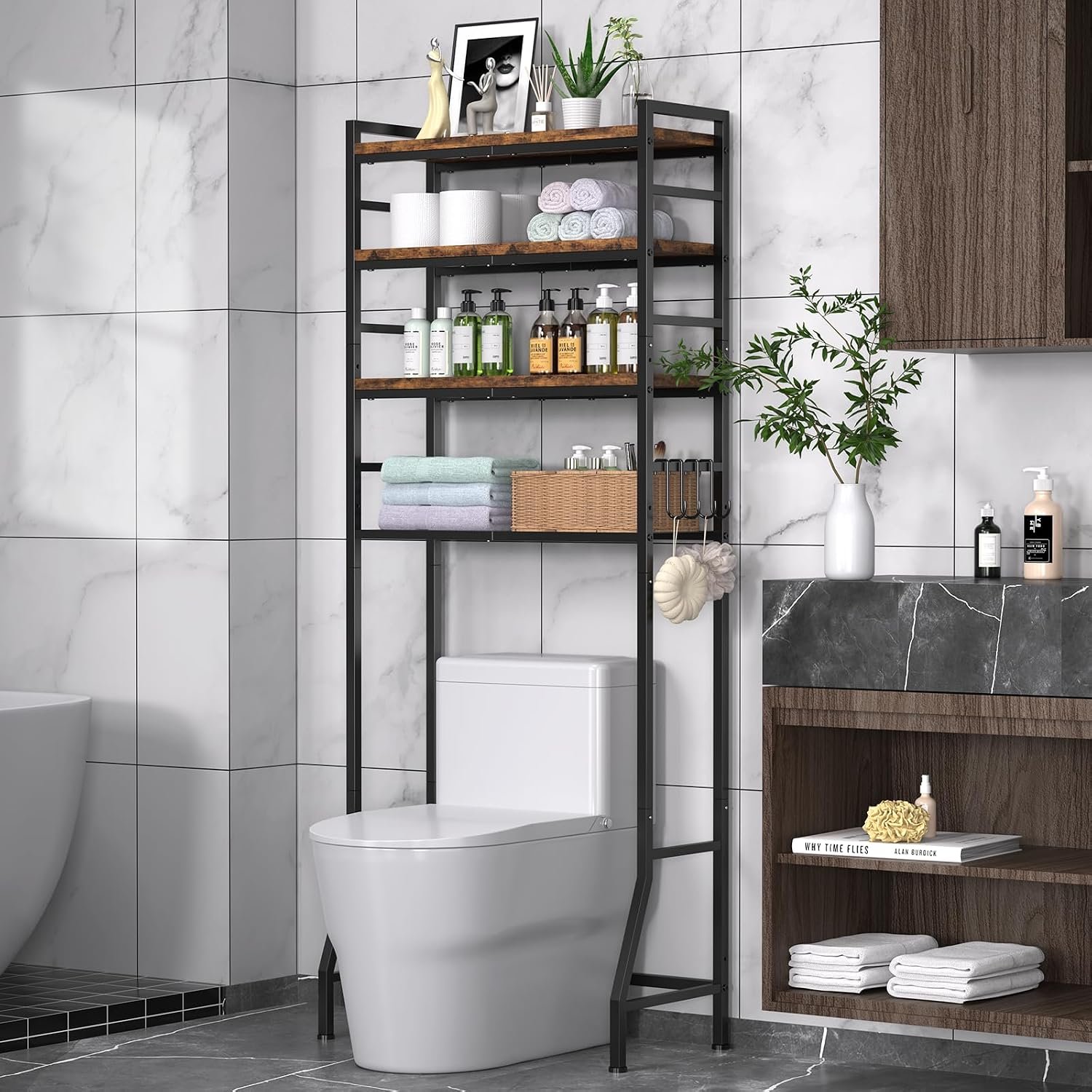 Over The Toilet Storage Rack,4-Tier Over Toilet Bathroom Organizer with Adjustable Wooden Shelves,Freestanding Space Saver Bathroom Cabinet Shelves Over Toilet,Over Toilet Storage, Vintage Brown