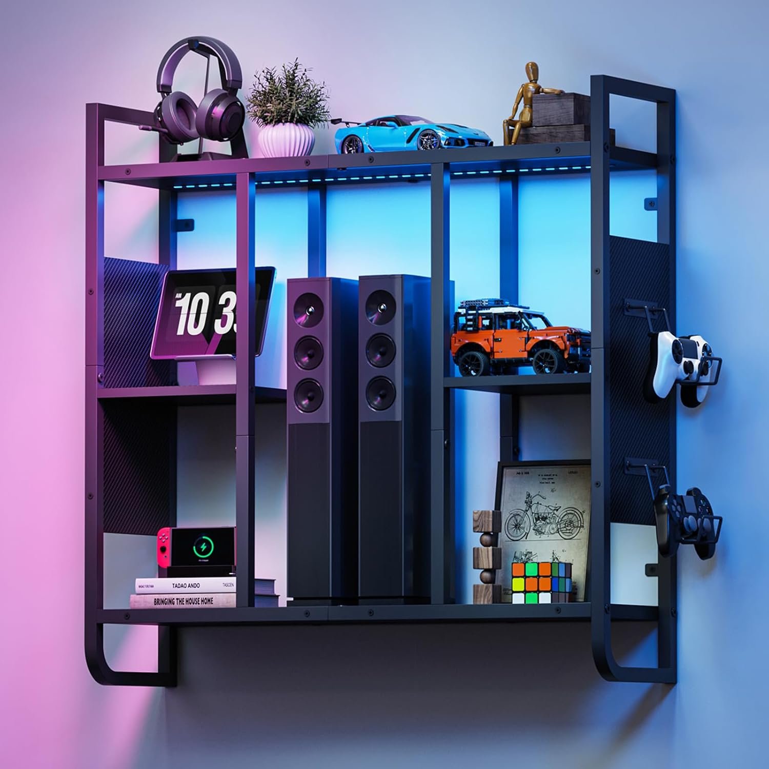 MAHANCRIS LED Gaming Floating Shelves, 3-Tier Wall Mounted Shelf for Wall Storage, Pipe Shelves Hanging Display Rack, with 2 Controller Hooks, for Gaming Room Decor, Kitchen, Home Bar Black FSHS142E01