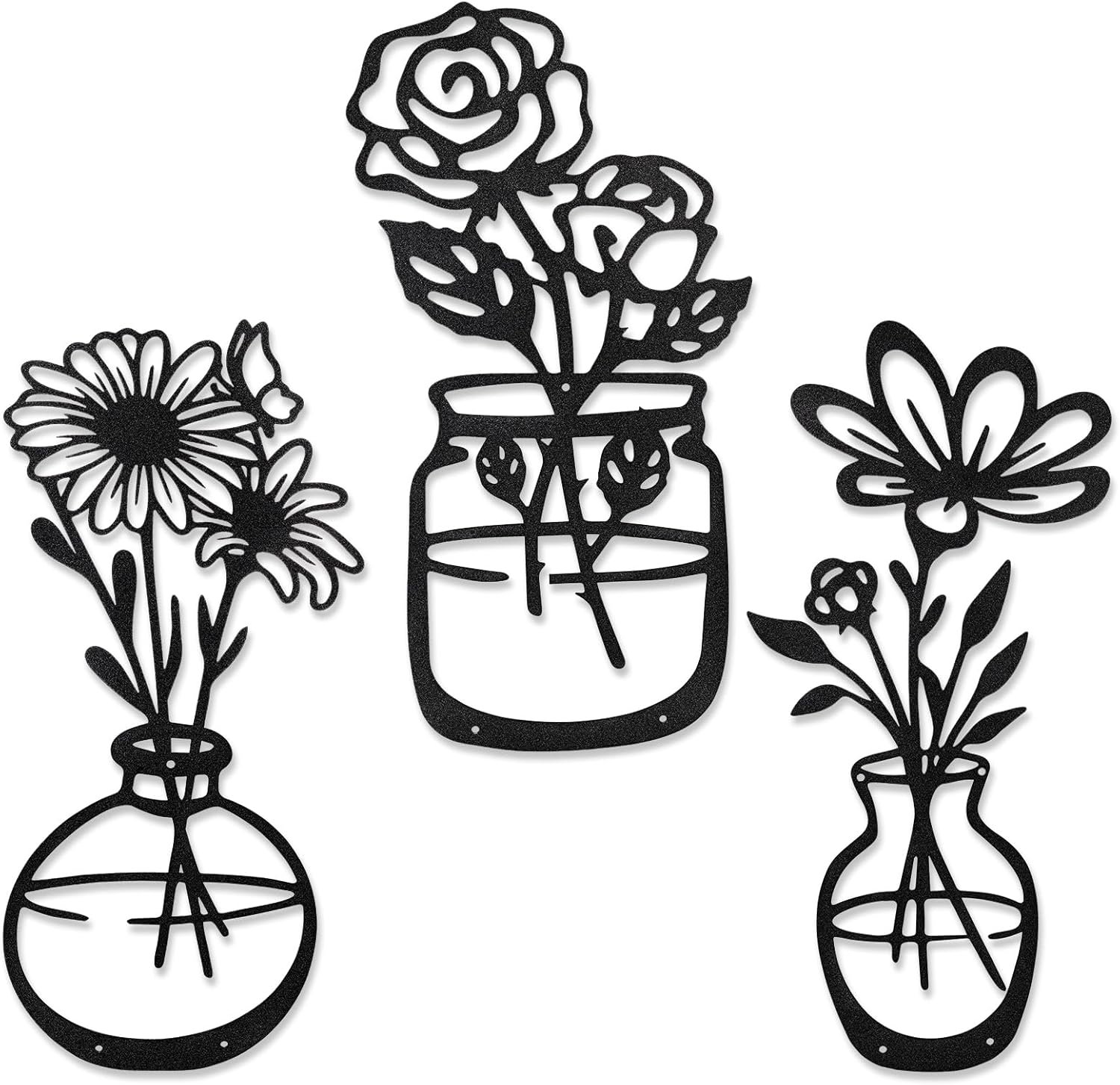 Qishiyi Metal Wall Art – 3Pcs Black Flower Decor, Rustic Iron Hanging Sculpture for Indoor Outdoor Kitchen Bathroom Garden