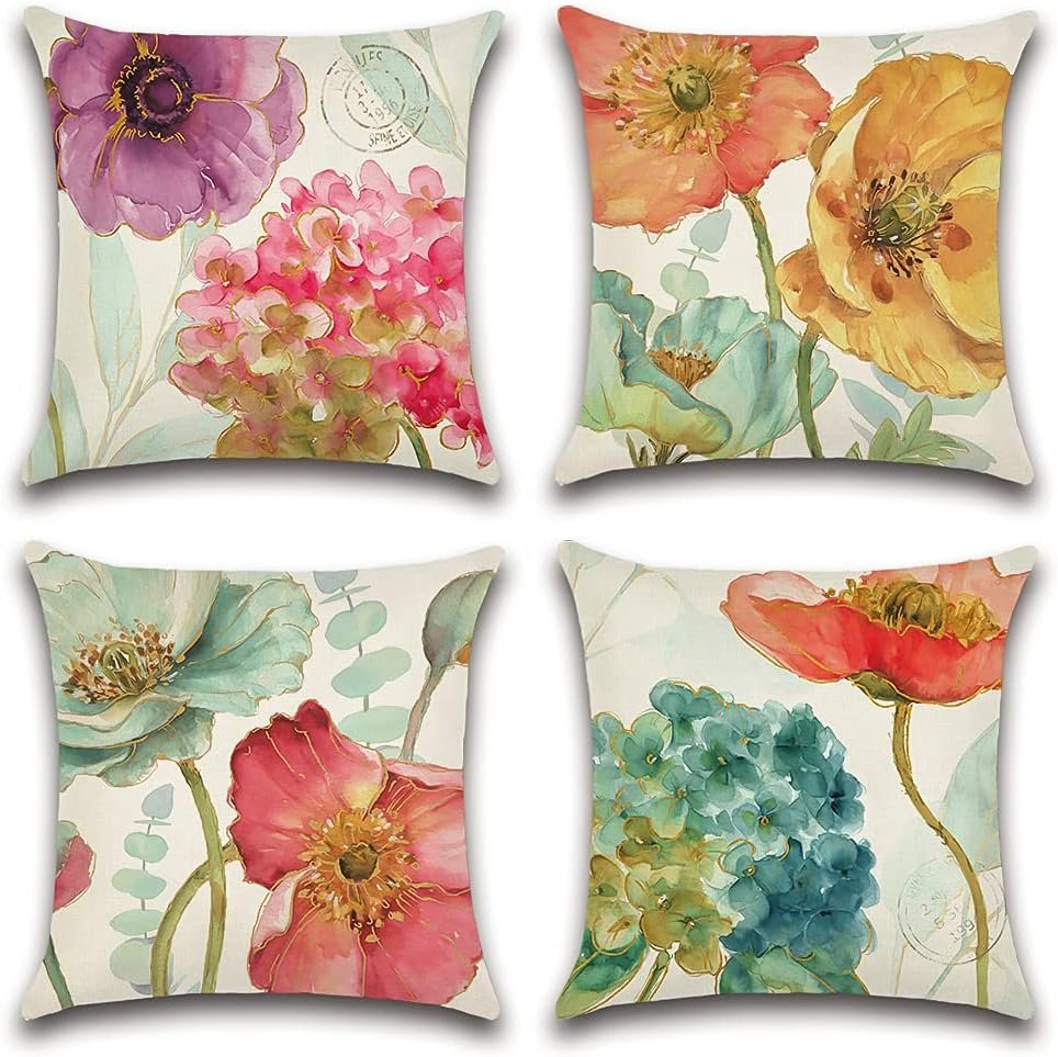 Artscope Set of 4 Waterproof Throw Pillow Covers 18×18 Inches, Hydrangea and Lotus Pattern Decorative Cushion Covers, Perfect to Outdoor Patio Garden Living Room Sofa Farmhouse Decor