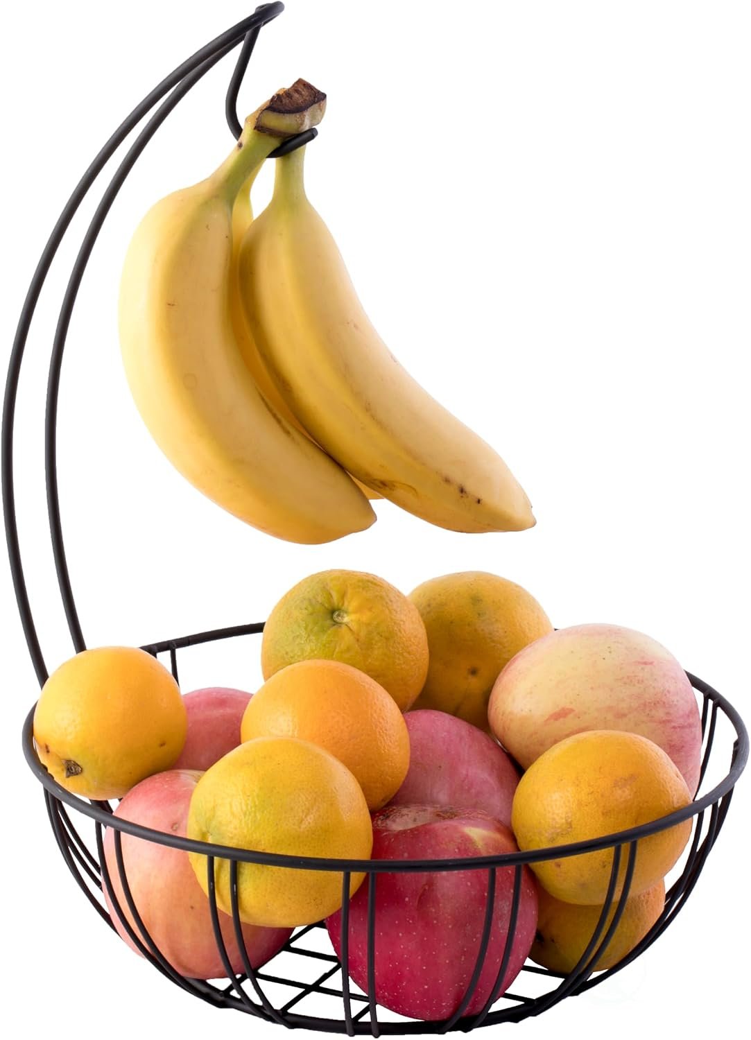 Basicwise Wire Metal Fruit Basket Holder, Kitchen Counter Top Fruit Bowl with Banana Hanger, Black