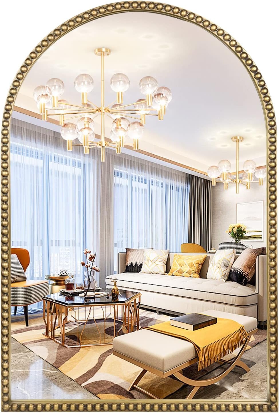 Arched Wall Mirror for Bathroom, 20″x30″ Metal Beaded Frame Decorative Accent Mirror, Large Modern Distressed Hanging Wall Decor for Washroom, Bedroom, Living Room, Entryway, Antique Gold