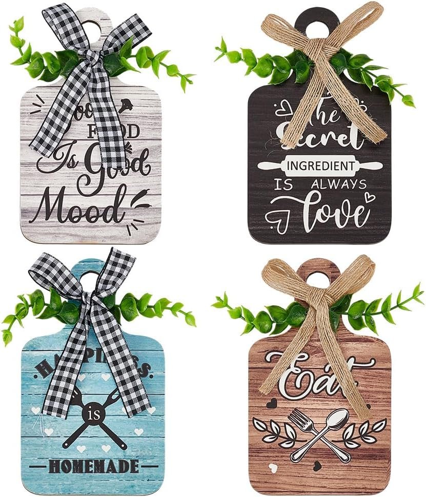 PH PandaHall 4pcs Kitchen Wall Decor Wood Sign, 5.9×3.5 inch Eat Wooden Cutting Board Sign Farmhouse Tiered Tray with Hemp Rope Wall Art Rustic Wall Decor for Home Kitchen Dining Living Room Bar Cafe