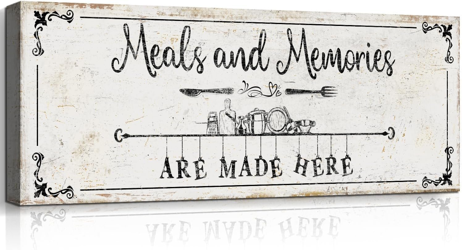Farmhouse Rustic Canvas Wall Art Meals and Memories Are Made Here Christian Kitchen Sign Perfect Housewarming Gift for Dining Room 6″ x 17″