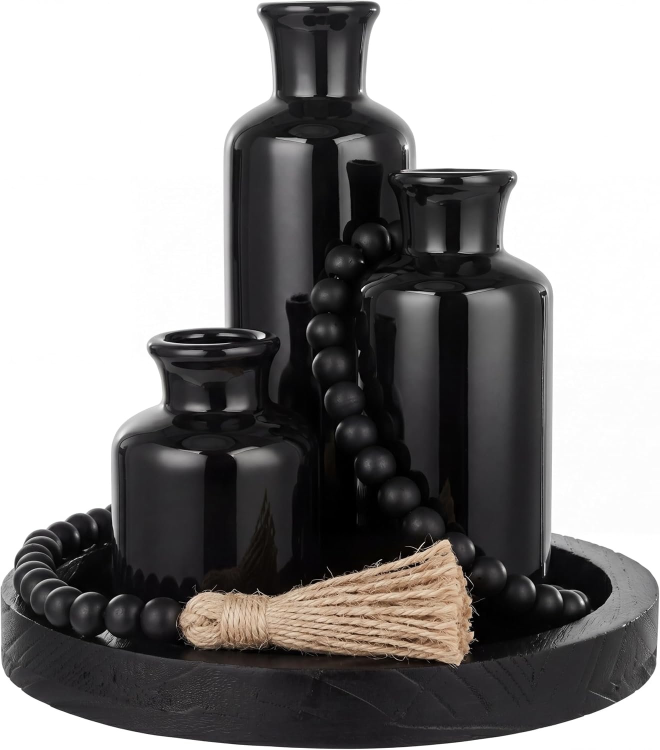 5 Pcs Rustic Tabletop Centerpieces Decor Set of 3 Boho Ceramic Vases with Wooden Serving Tray Wood Bead Garland Tassels Table Holder for Home Decorations (Black)
