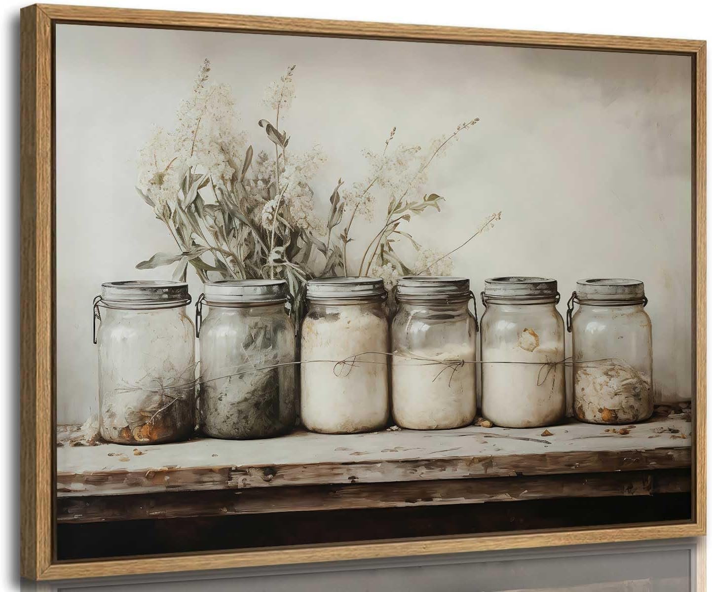 Floating Framed Kitchen Wall Art Vintage Mason Jar Wall Decor Rustic Farmhouse Culinary Still Life Canvas Prints Painting Botanical Herb Spice Poster Pictures for Dining Room Living Room 12×16 Inch
