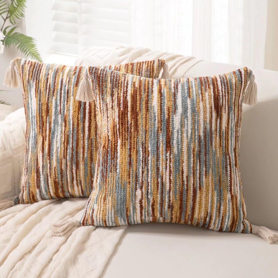 Boho Throw Pillow Covers 18×18 Set of 2 Woven Tufted Farmhouse Pillows Cover with Tassels Textured Striped Cushion Case Neutral Pillow Cases Decorative Pillowcase for Sofa Couch Bed,Rust