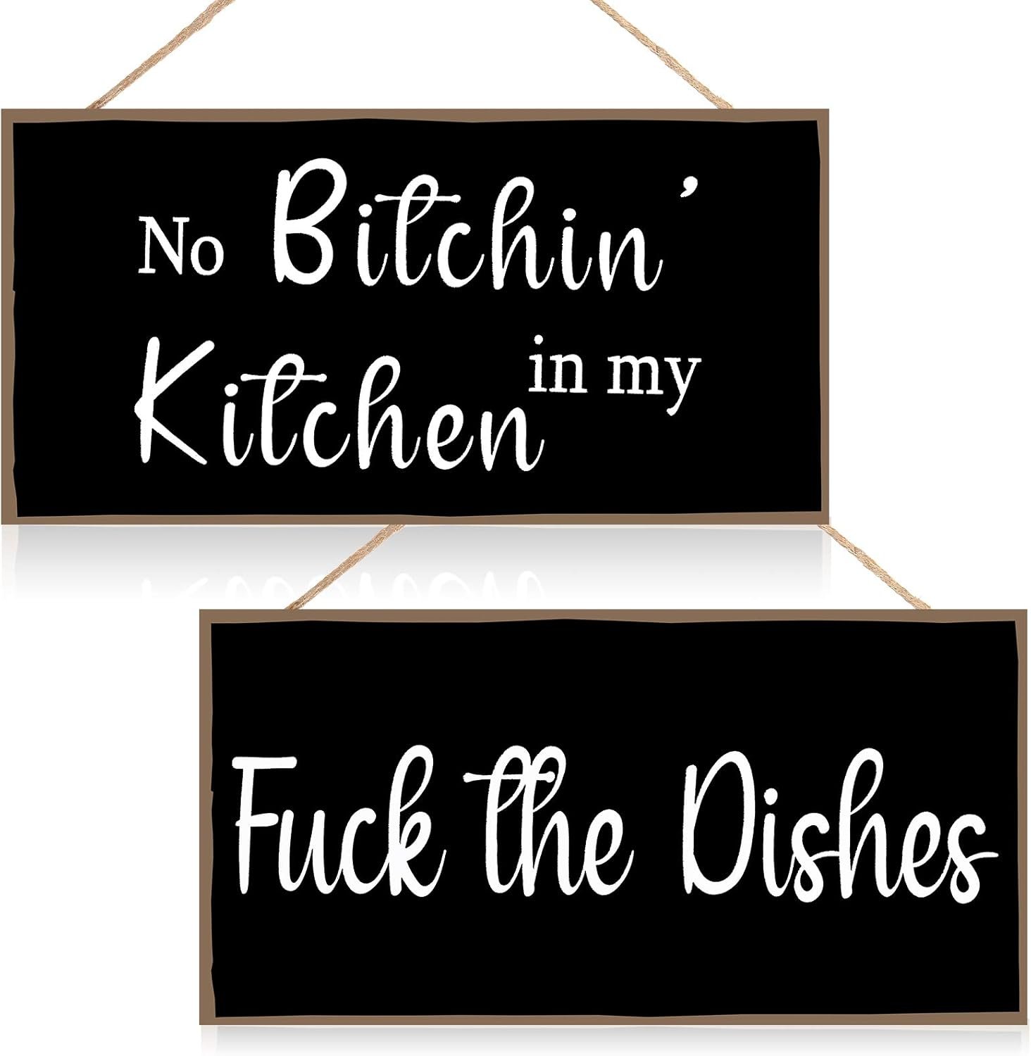 Jetec 2 Pieces Funny Kitchen Signs the Dishes Hanging Wall Art Decoration No Bitchin in My Kitchen Rustic Wooden Wall Signs Decorative Wood Home Decor, 10 x 5 Inch(Stylish)