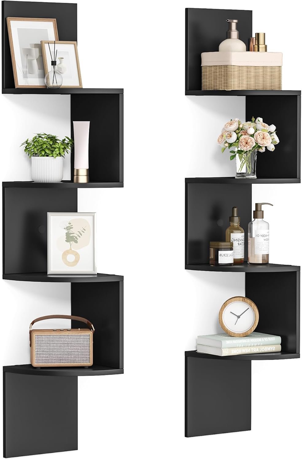 VASAGLE Set of 2, Corner Shelves Wall Mount, 4-Tier Floating Corner Bookshelves, Plant Shelves for Bedroom, Living Room, Bathroom, Home Office, Ink Black