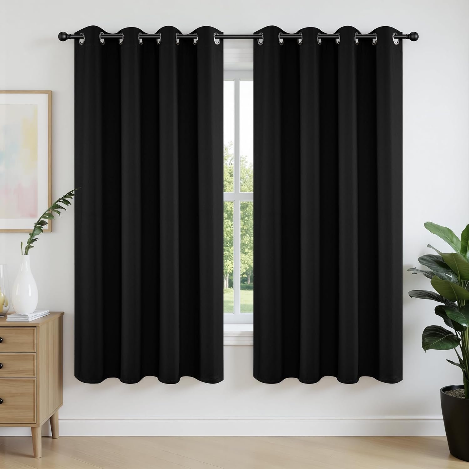 Joydeco Blackout Curtains 63 Inch Length 2 Panels Set, Thermal Insulated Long Curtains& Drapes 2 Burg, Room Darkening Grommet Drapes for Living Room Bedroom Window (W52 x L63 Inch, Black)