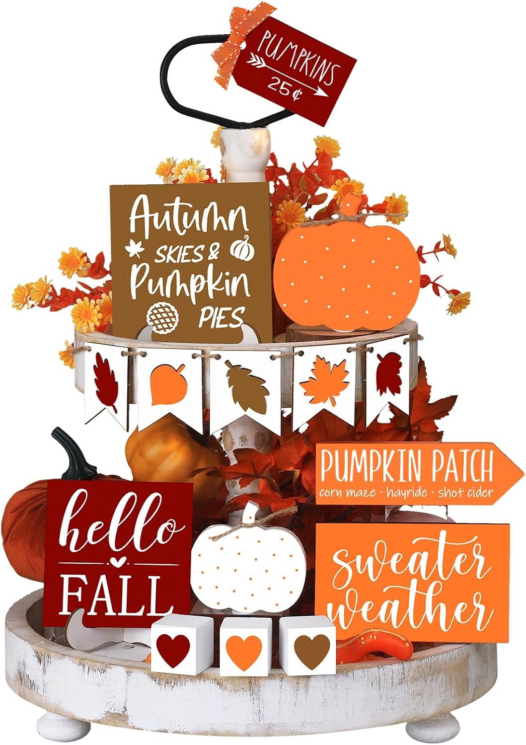Sumind 15 Pcs Thanksgiving Tiered Tray Decor Set Fall Decorations for Home Autumn Wood Signs Thanksgiving Orange Brown Table Signs Farmhouse Wooden Maple Pumpkin Gnomes Tabletop for Festival(Autumn)