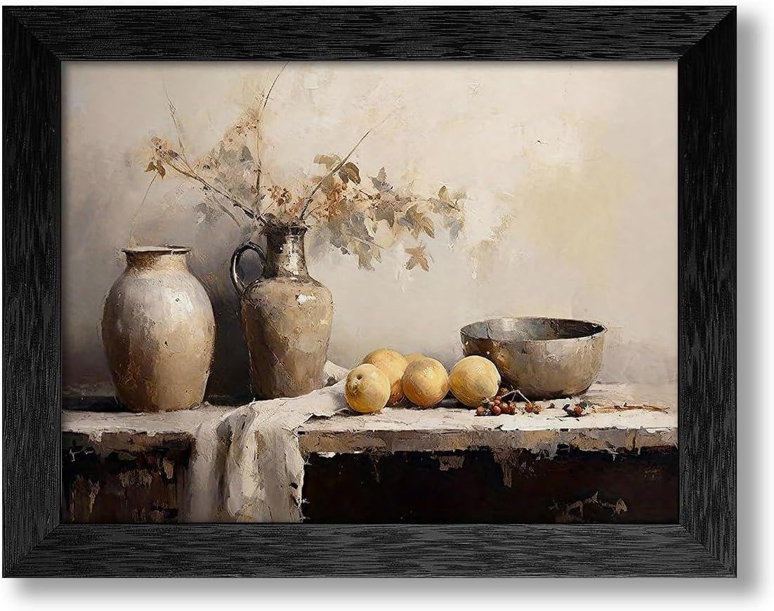 Rustic Kitchen Farmhouse Wall Art Fruits Botanical Oil Painting Poster Vintage Jars Still Life Canvas Prints for Country Dining Room Wall Decor 08×10 inch Black Framed