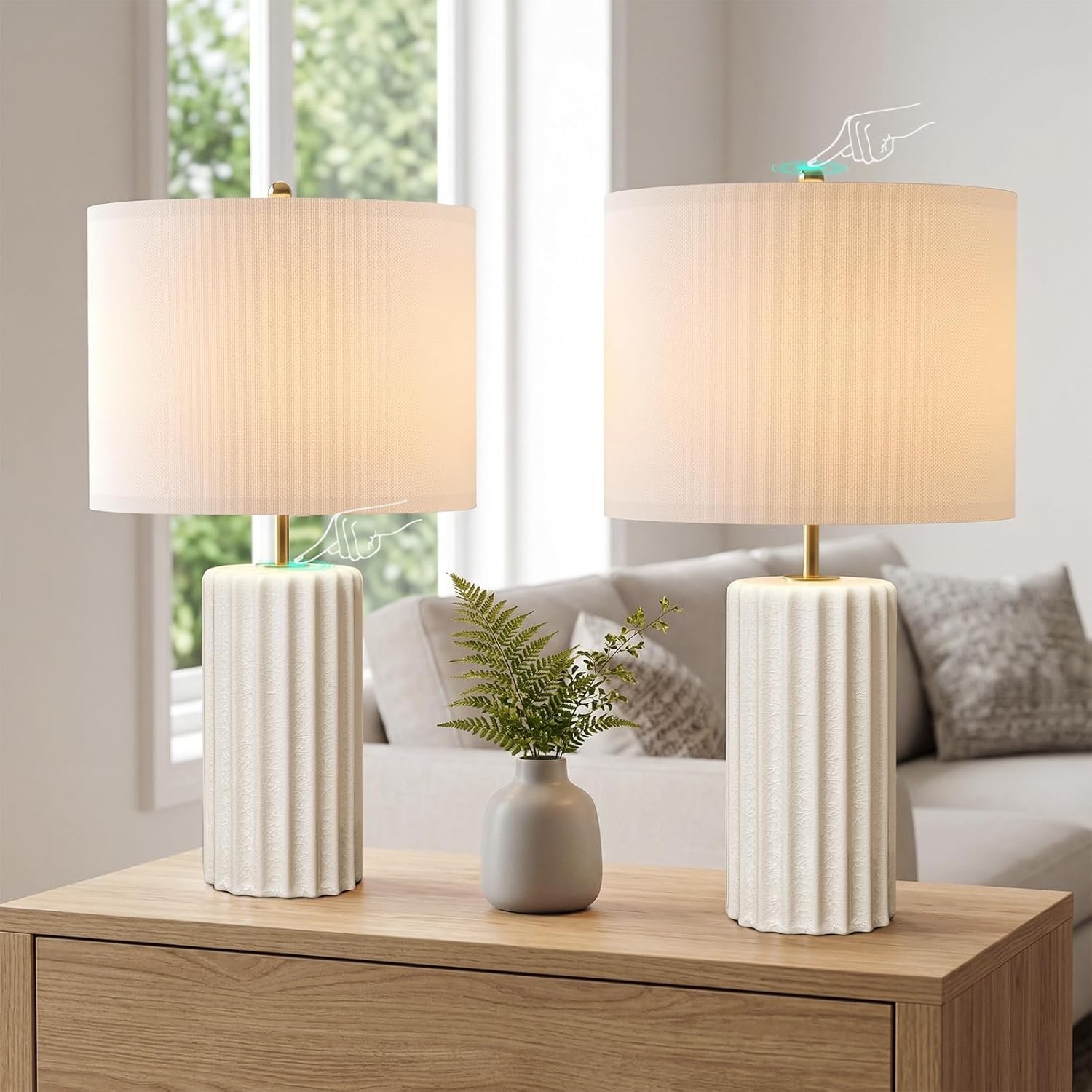 21″ Modern Ceramic Table Lamp Set of 2 for Bedroom, Touch Control White Desk Lamps for Living Room, Farmhouse Bedside Lamps for Nightstand, End Table Lamps for Dorm Beige, Bulbs Not Included
