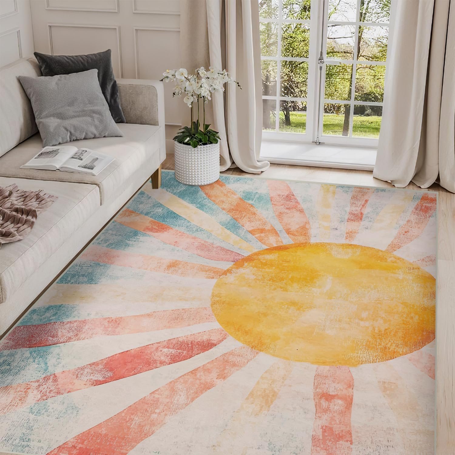 5×7 Boho Sun Area Rug Retro Orange Yellow Blue Beige Bedroom Rug Low Pile Thin Large Carpet Living Room Non Slip Dining Room Stain Resistant Office Washable Machine Classroom