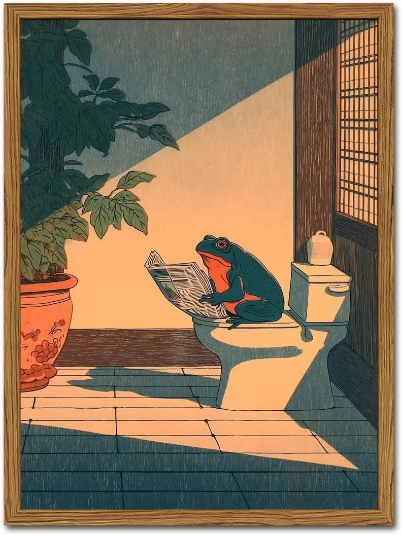 Funny Frog Bathroom Wall Art, Cute Japanese Frog in Toilet Wall Decor, Whimsical Green Animal Restroom Poster Canvas Painting Prints Artwork 12×16 inch Framed