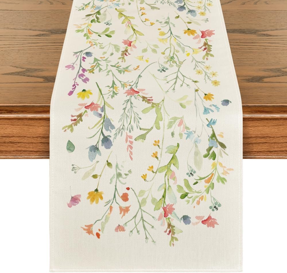 Artoid Mode Wildflowers Bloom Flowers Spring Table Runner, Seasonal Summer Floral Kitchen Dining Table Decoration for Home Party Decor 13×72 Inch