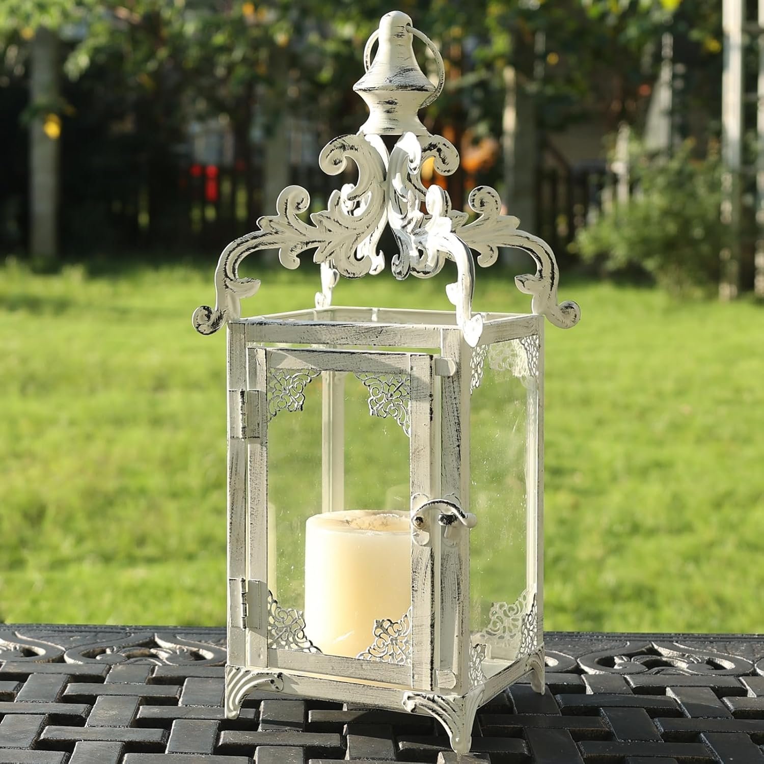 NEEDOMO Lanterns Decorative Indoor, 16″ White Hanging Lantern Decor Outdoor, Vintage Metal Large Candle Lantern for Patio, Front Porch, Table, Home Decor, Candle Holder with Clear Glass